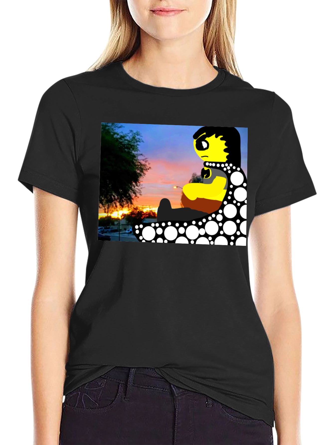 Sunset Cartoon Graphic Black T-Shirt