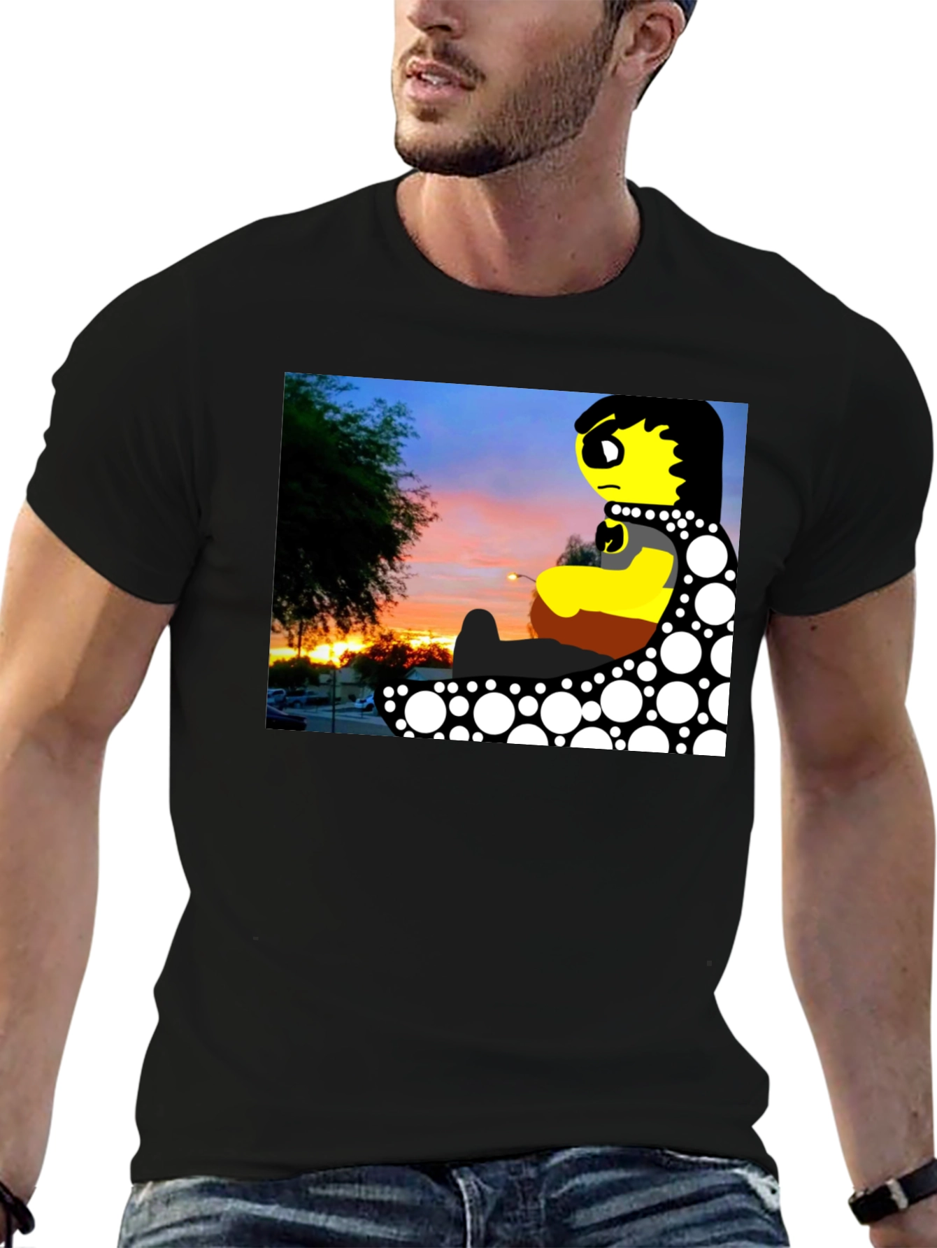 Sunset Cartoon Graphic Black T-Shirt
