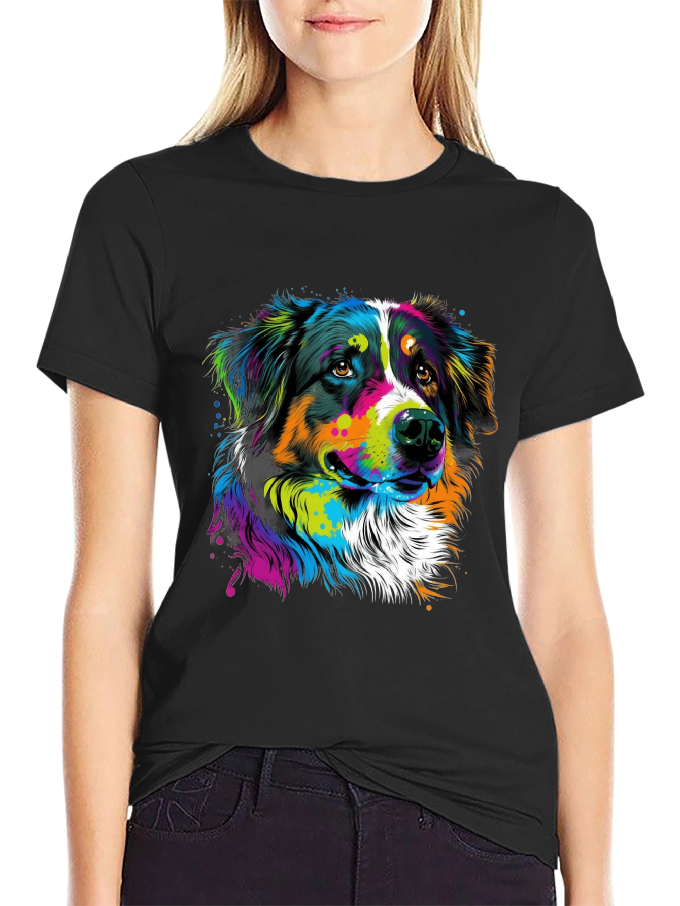 Vibrant Dog Graphic Tee - Black Cotton Blend