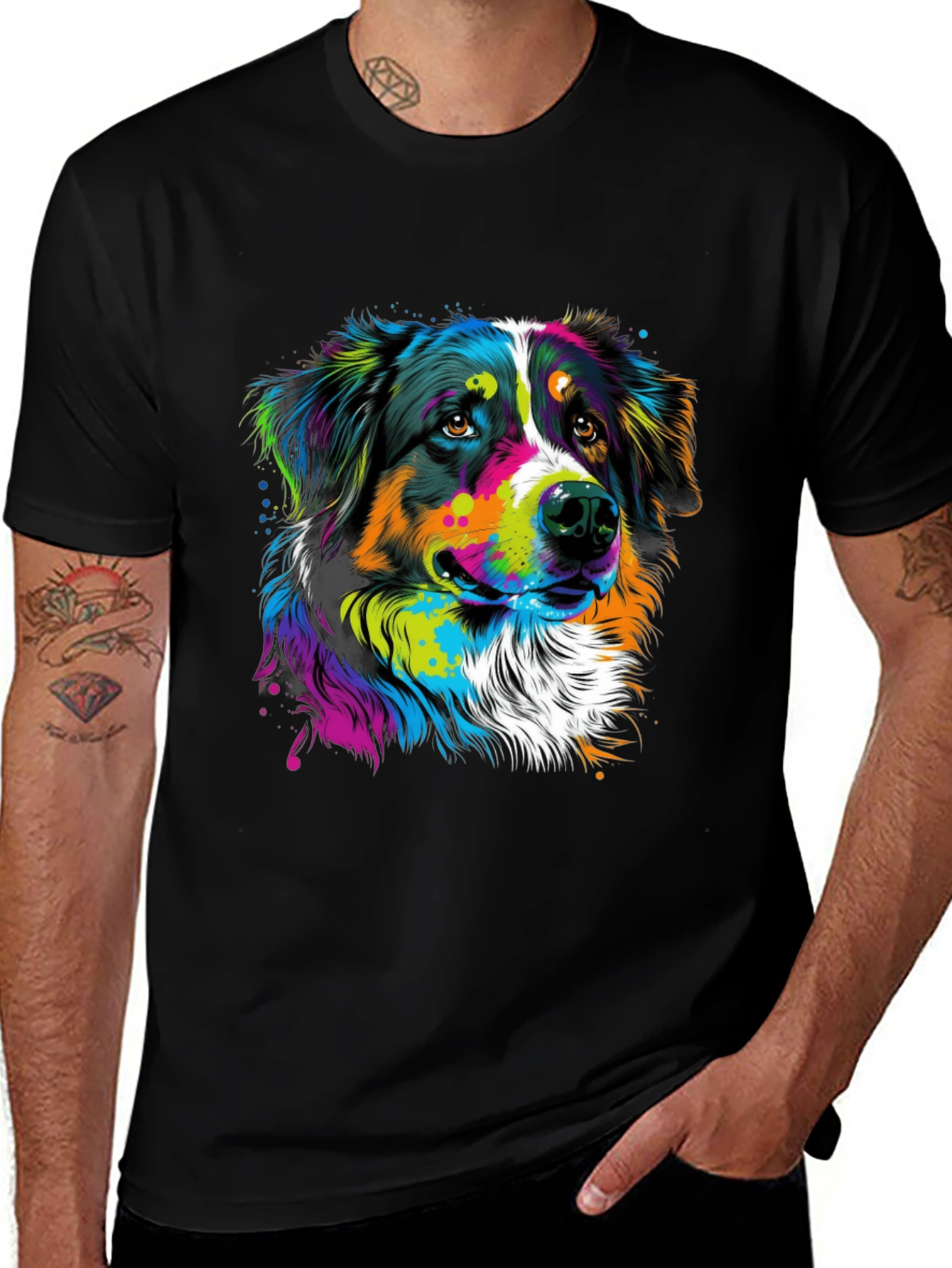 Vibrant Dog Graphic Tee - Black Cotton Blend
