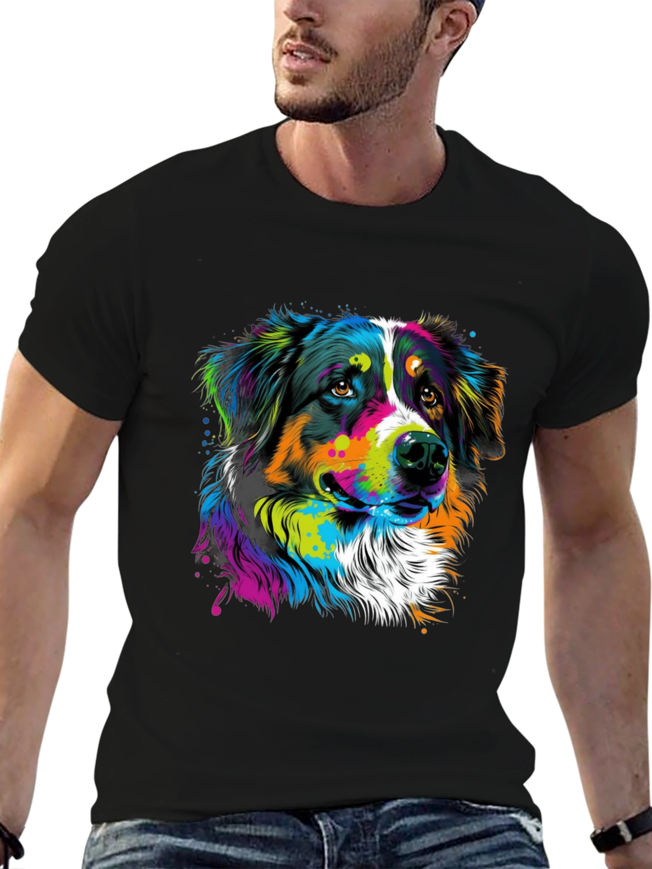 Vibrant Dog Graphic Tee - Black Cotton Blend