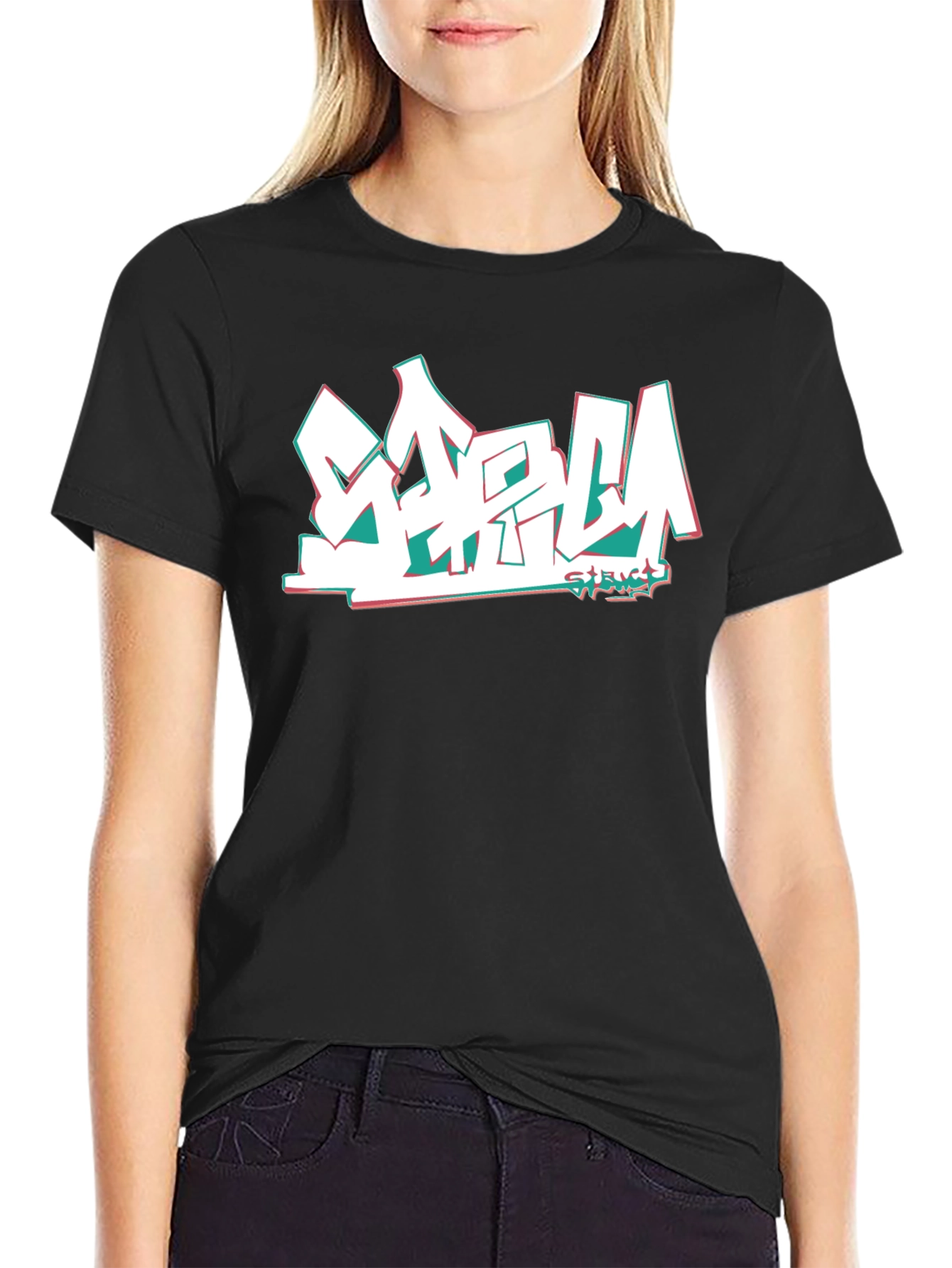 Stylish Black Tee with Graffiti-Style Graphic Print
