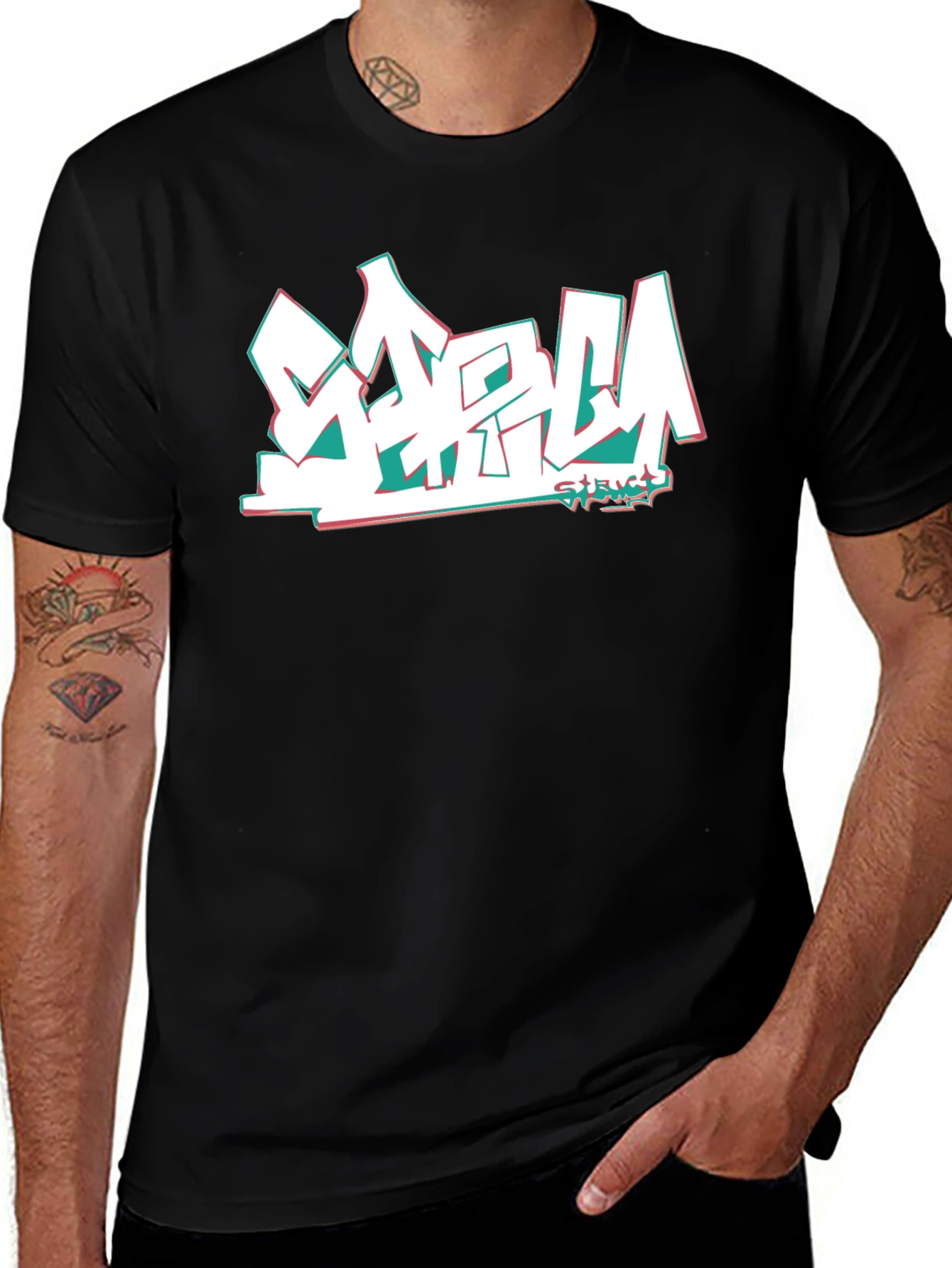 Stylish Black Tee with Graffiti-Style Graphic Print