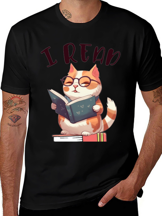 I Read T-Shirt: Cute Cat with Glasses Bookworm Tee