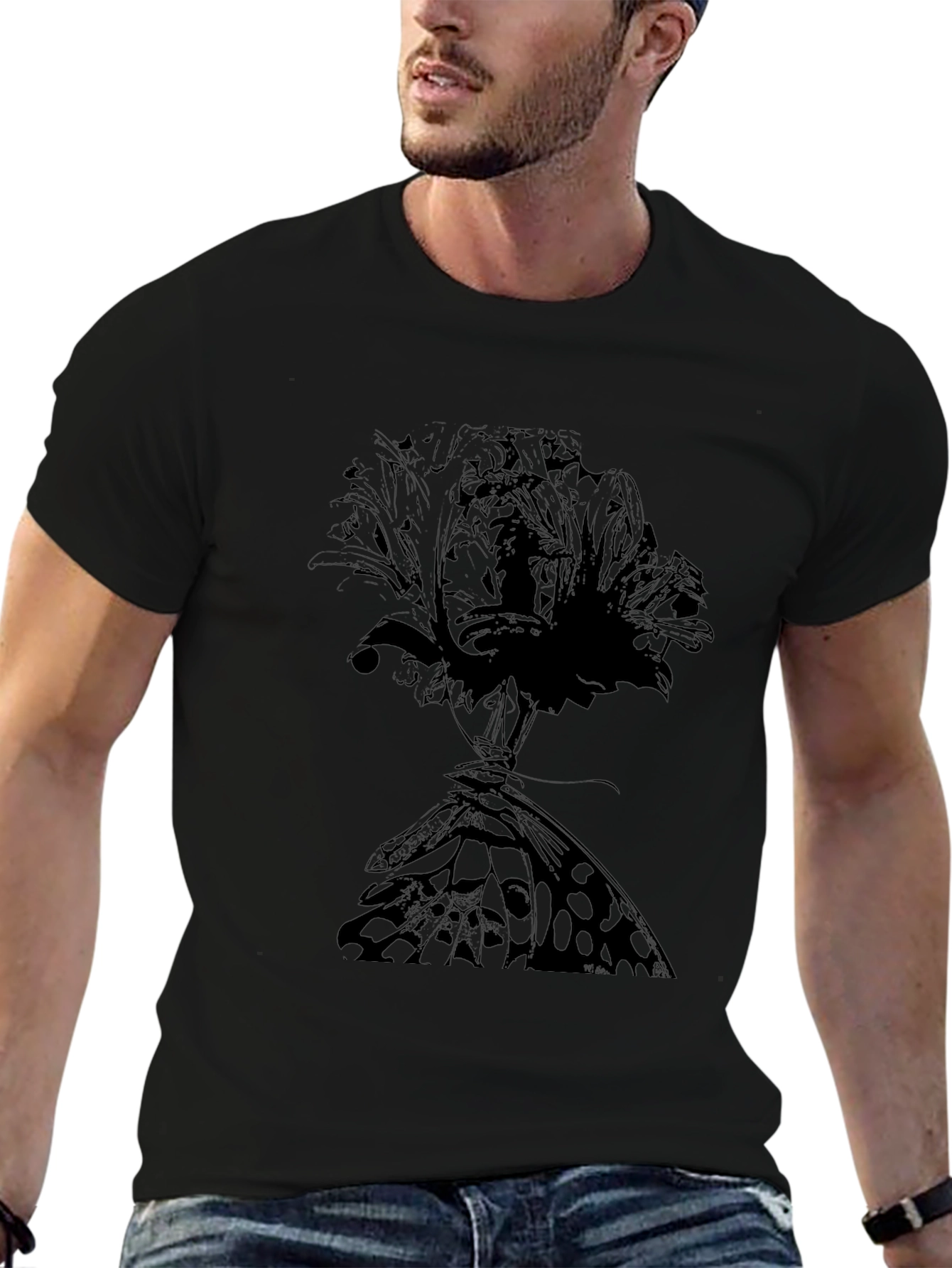 Floral Butterfly Graphic Tee - Black Cotton T-Shirt