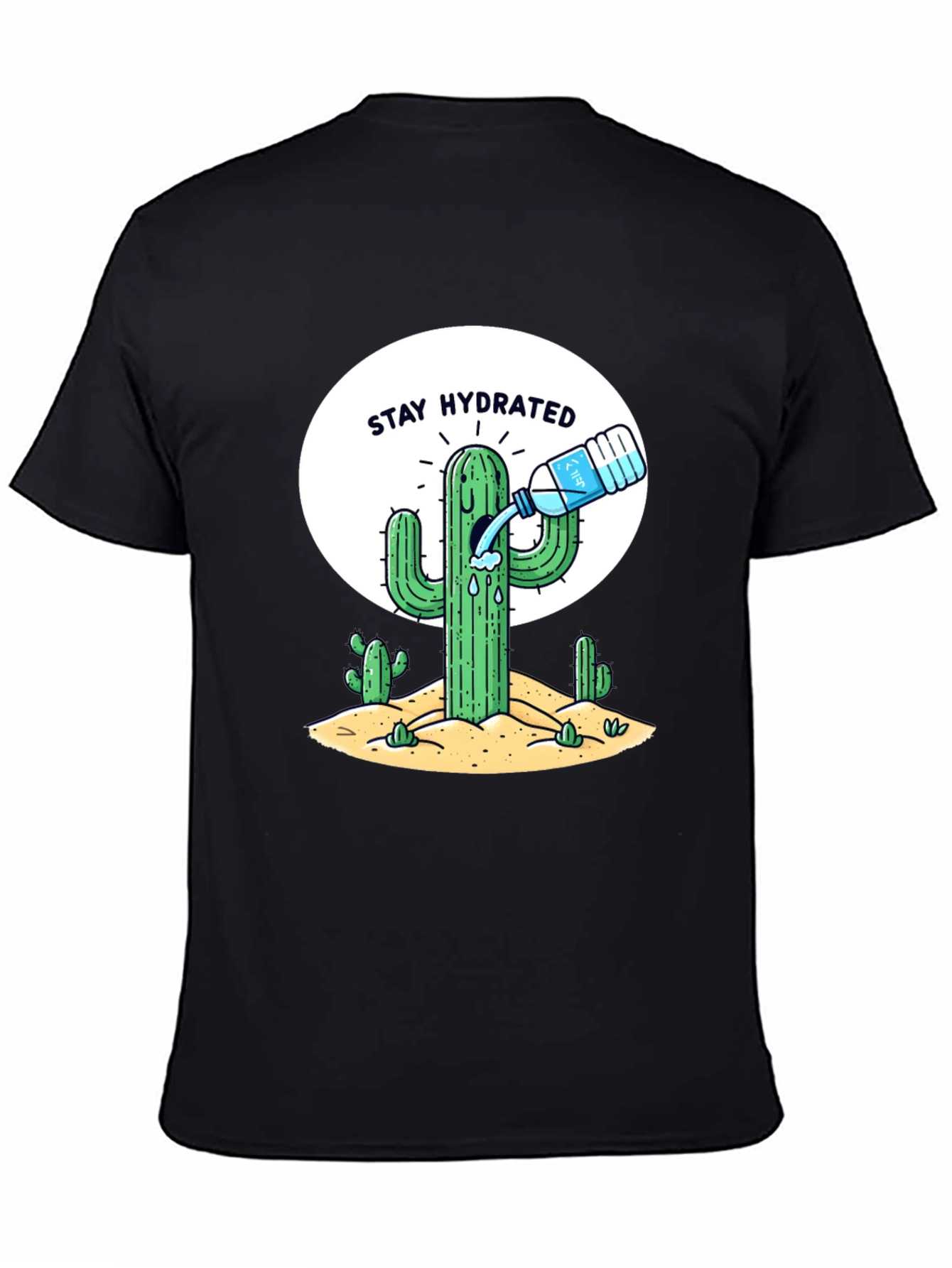 Stay Hydrated Cactus Graphic Tee - Black Cotton T-Shirt