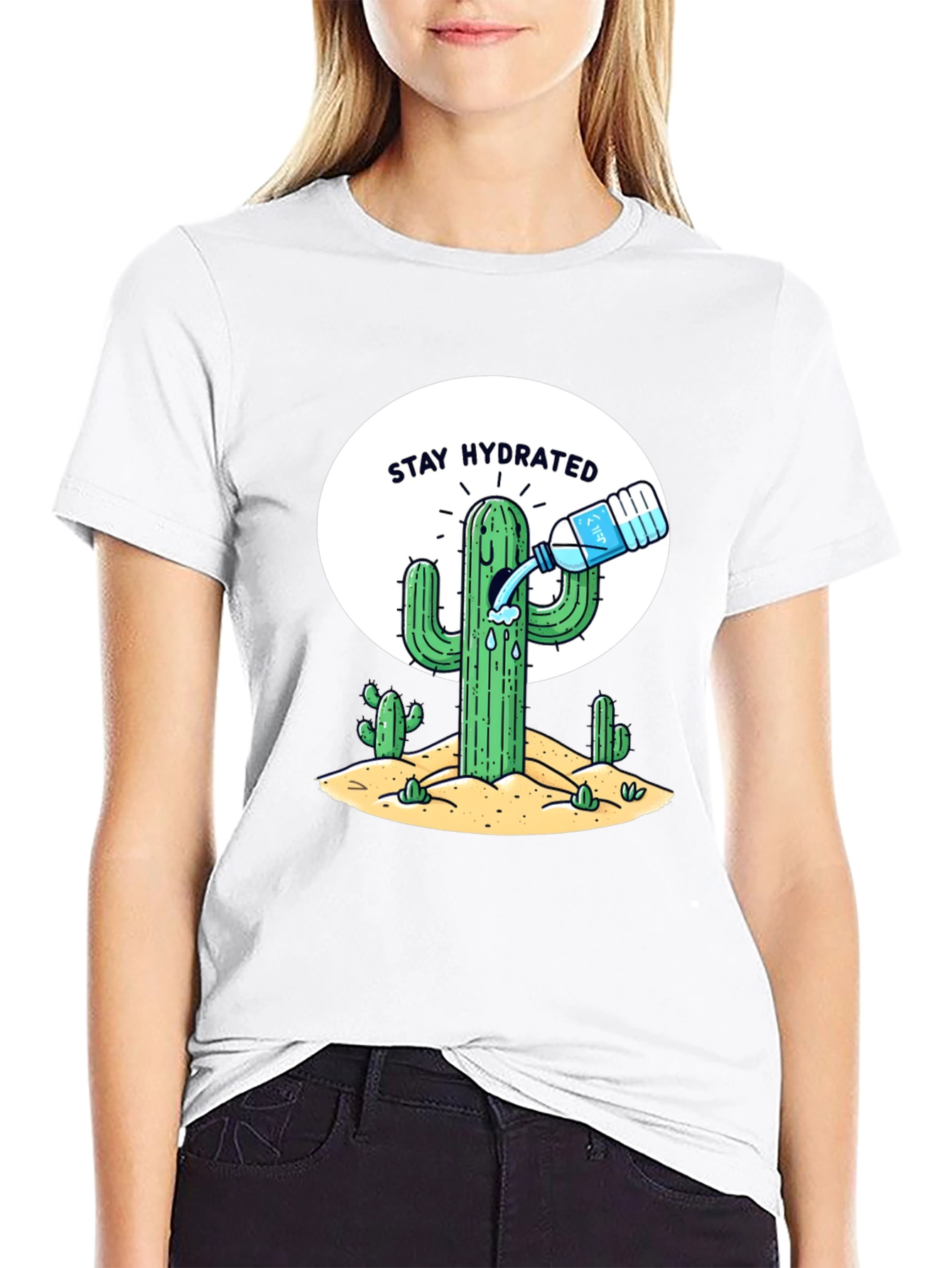 Stay Hydrated Cactus Graphic Tee - Black Cotton T-Shirt