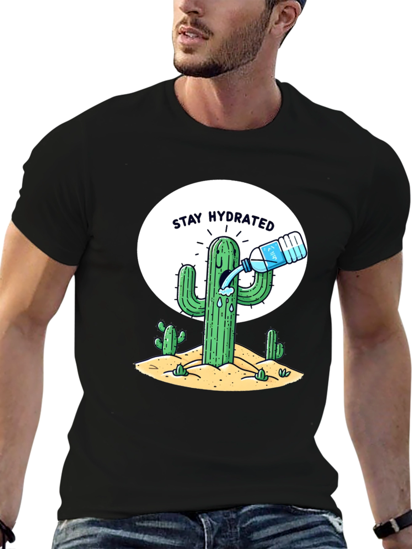 Stay Hydrated Cactus Graphic Tee - Black Cotton T-Shirt