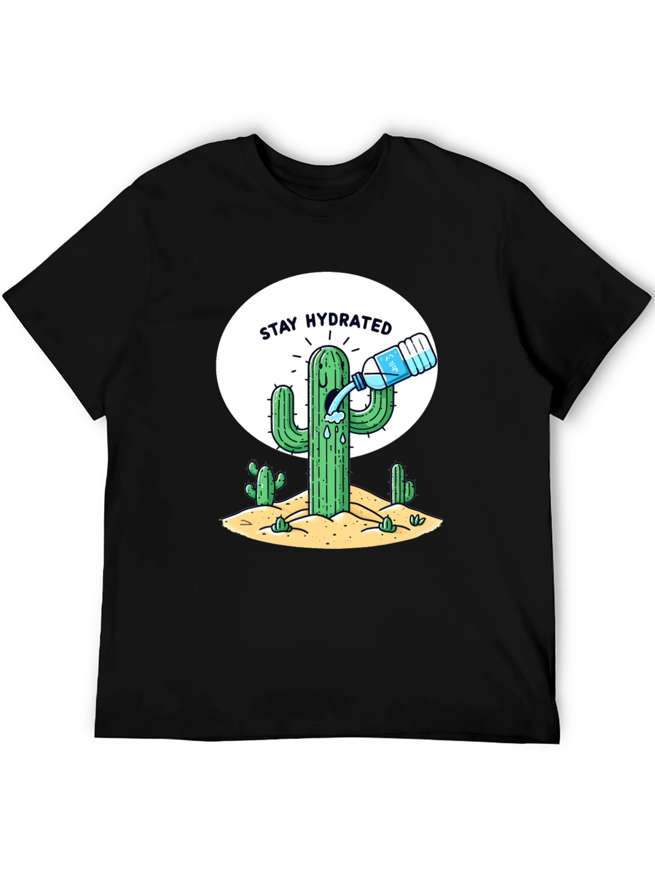Stay Hydrated Cactus Graphic Tee - Black Cotton T-Shirt