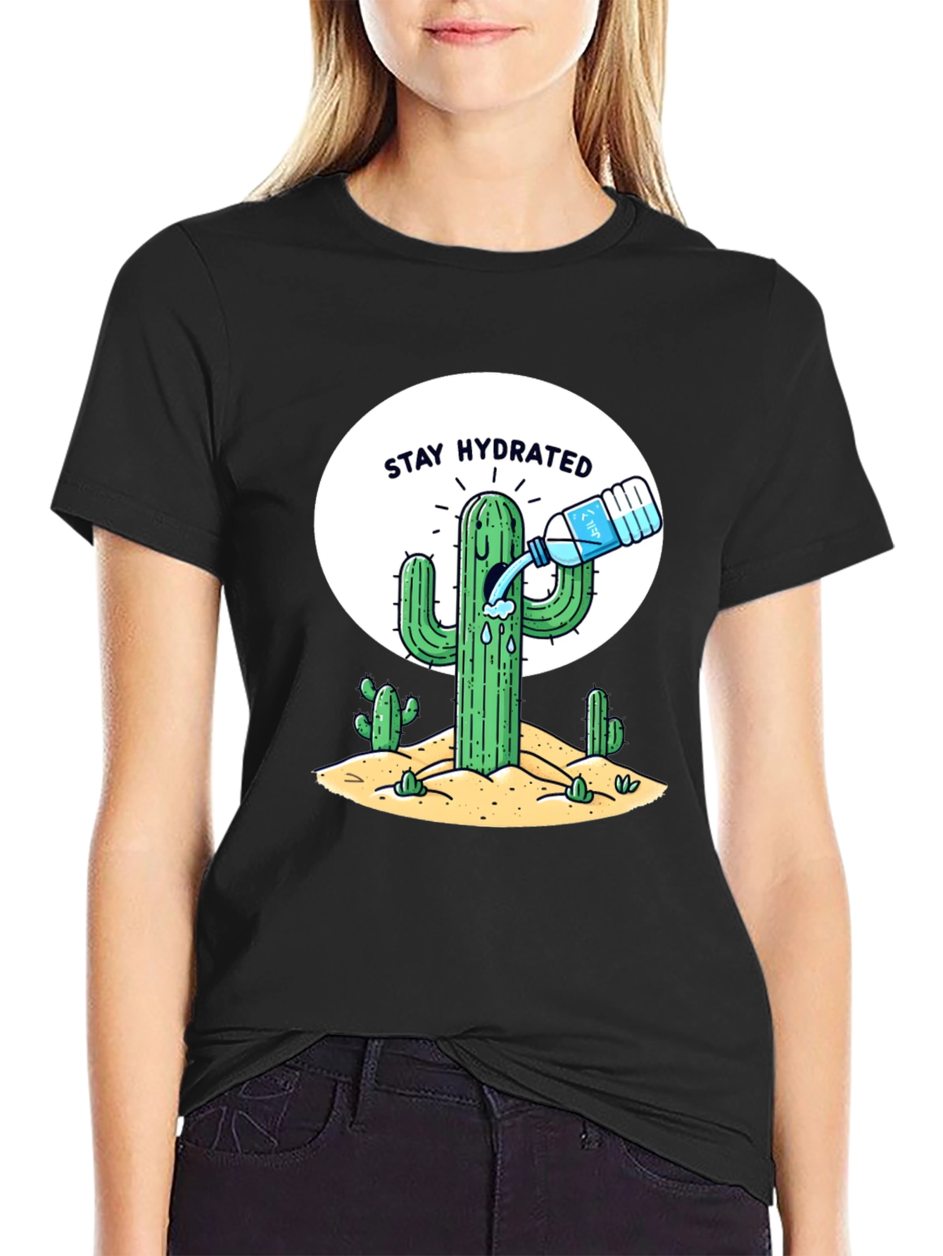 Stay Hydrated Cactus Graphic Tee - Black Cotton T-Shirt