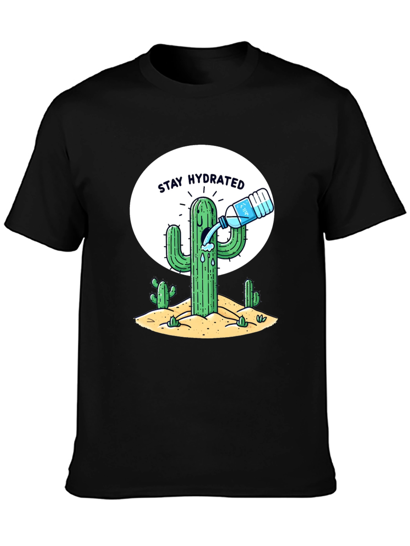 Stay Hydrated Cactus Graphic Tee - Black Cotton T-Shirt