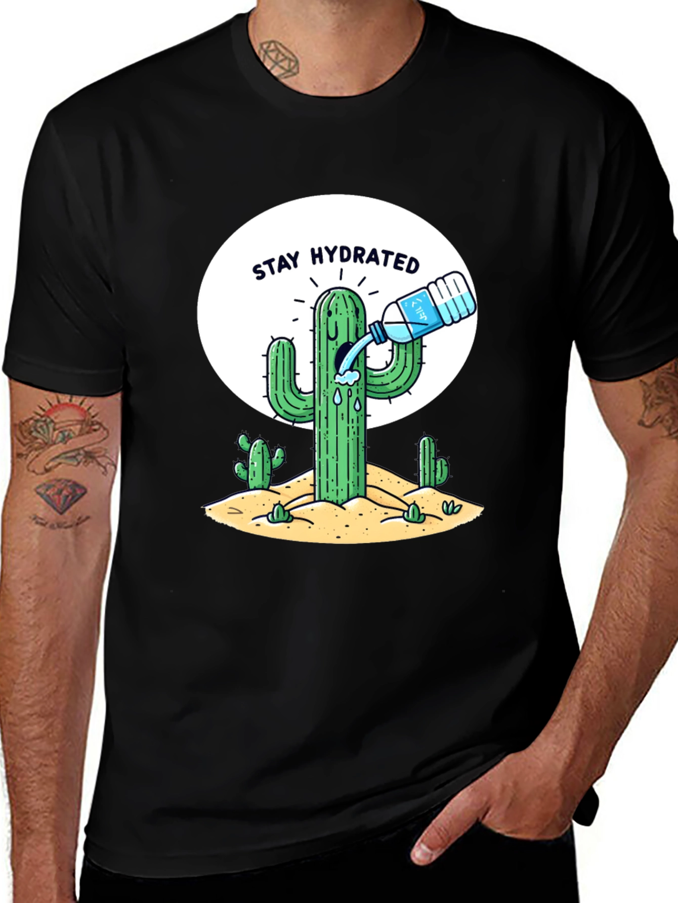 Stay Hydrated Cactus Graphic Tee - Black Cotton T-Shirt
