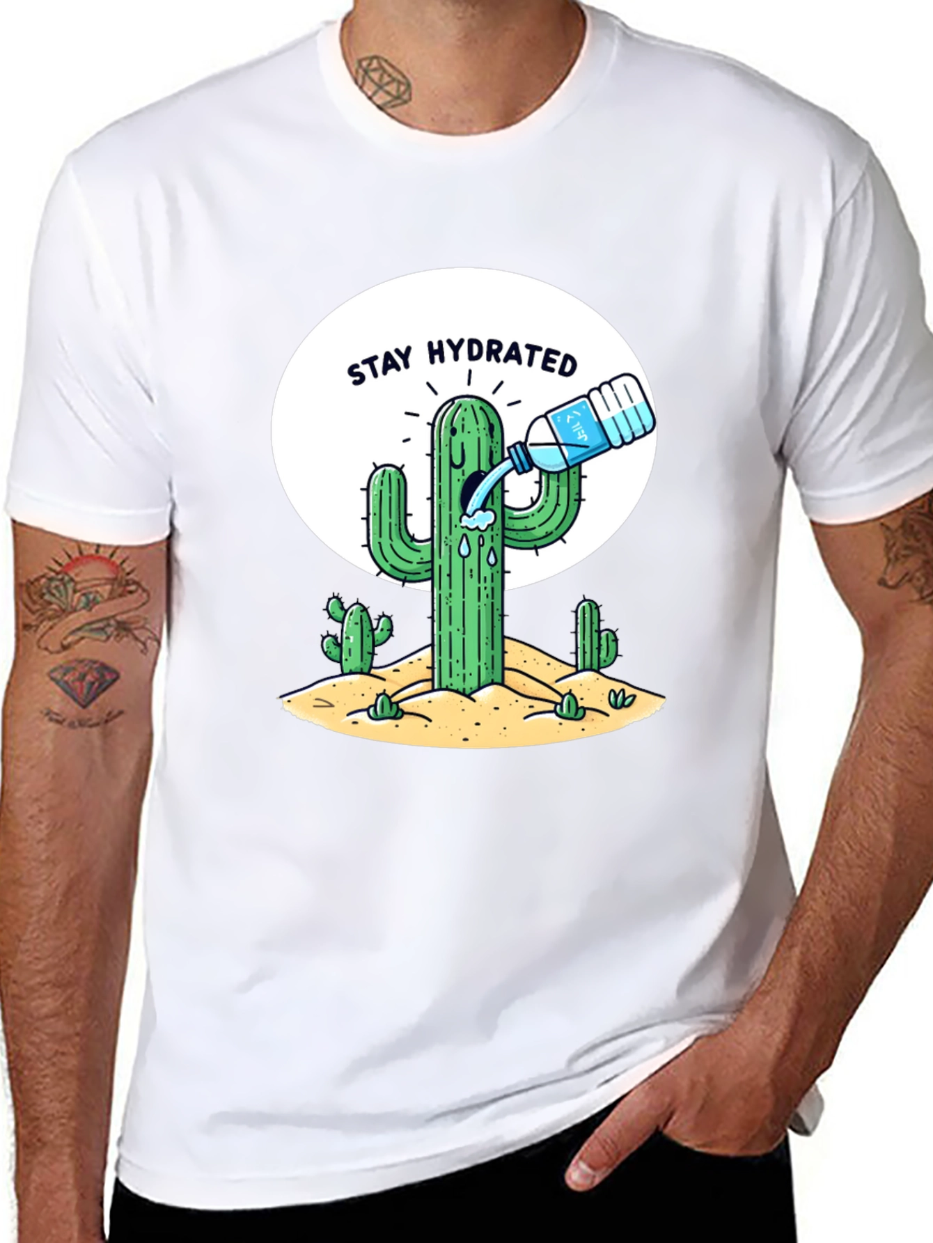 Stay Hydrated Cactus Graphic Tee - Black Cotton T-Shirt