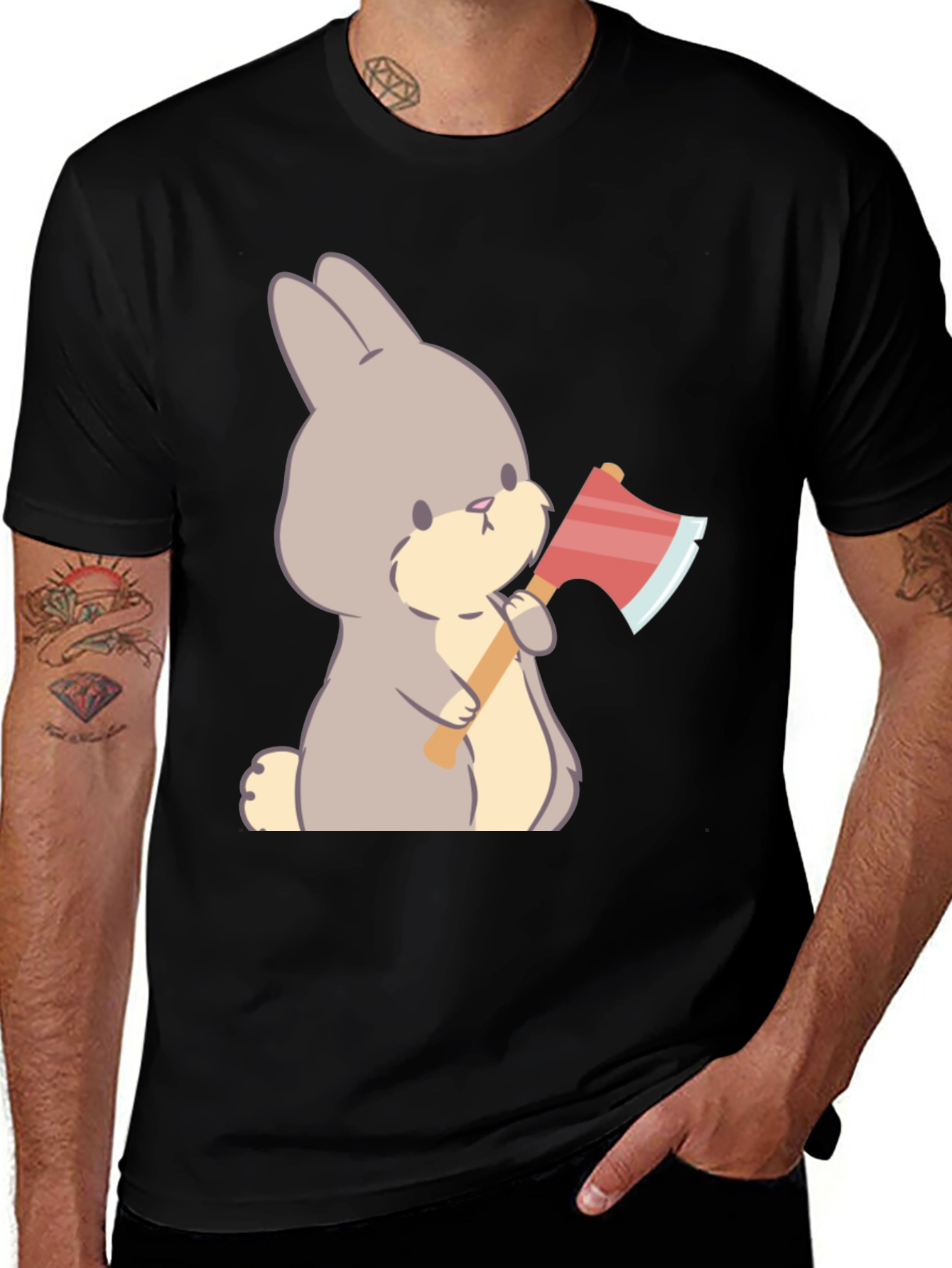 Funny Bunny With Axe Black T-Shirt