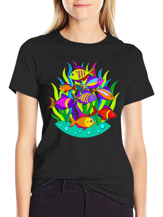 Colorful Fish Graphic Print Black T-Shirt