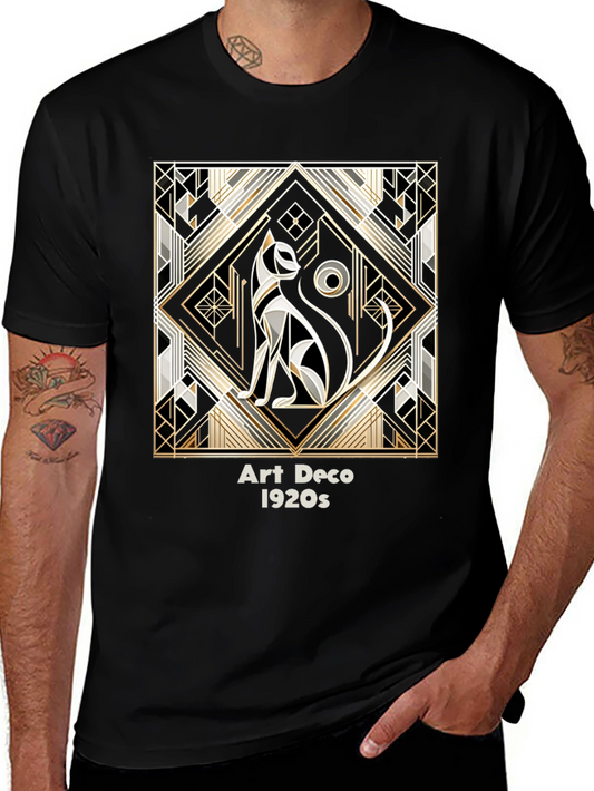 Art Deco Cat Graphic Tee - 1920s Inspired Black T-Shirt