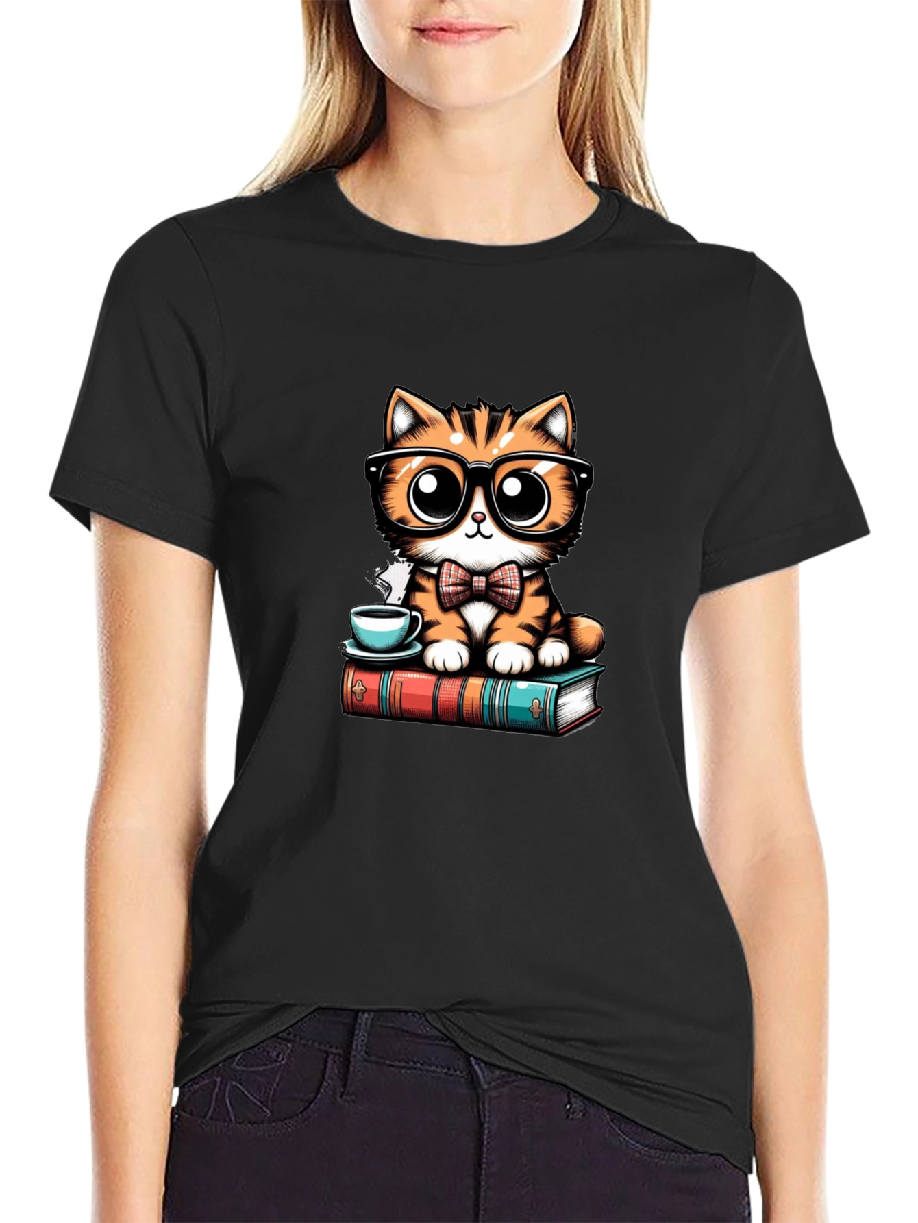 Cute Cat With Glasses Black T-Shirt