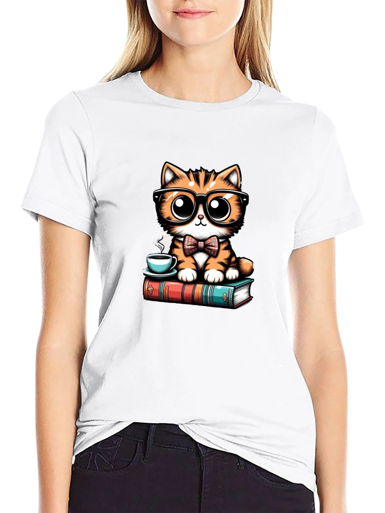 Cute Cat With Glasses Black T-Shirt