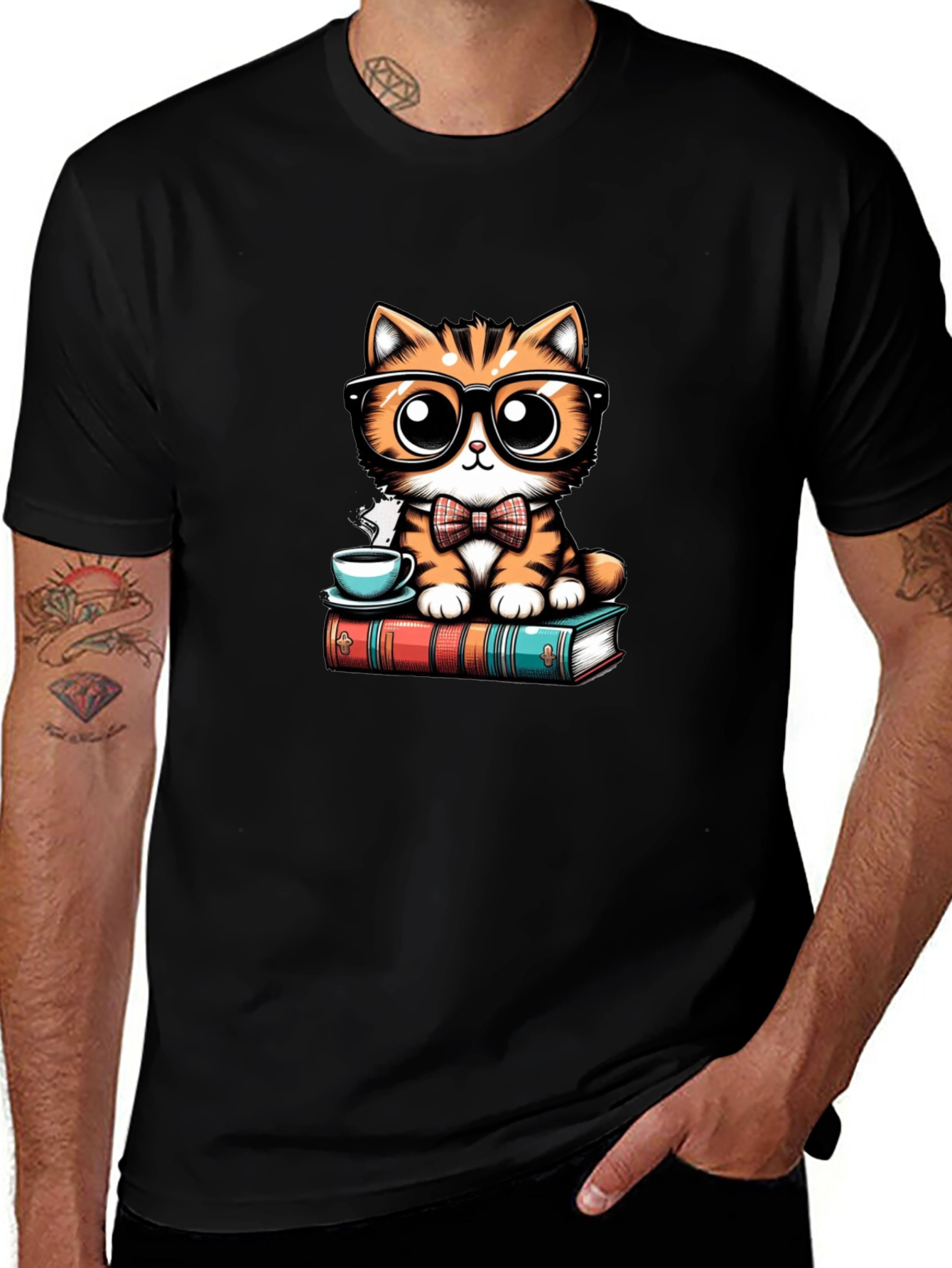 Cute Cat With Glasses Black T-Shirt