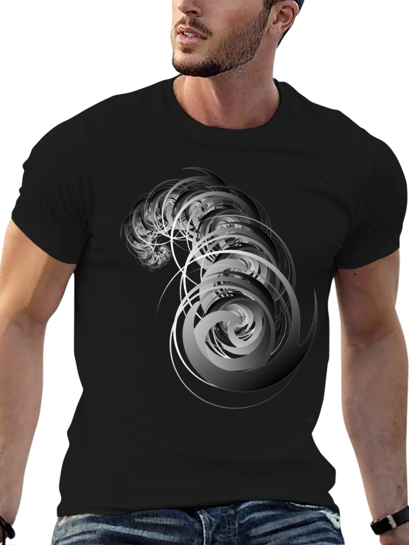 Abstract Spiral Graphic Tee - Stylish Mens Black T-Shirt