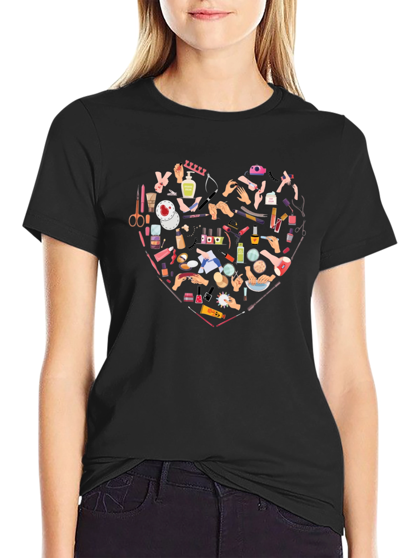 Manicure Heart Graphic Tee - Black Cotton T-Shirt