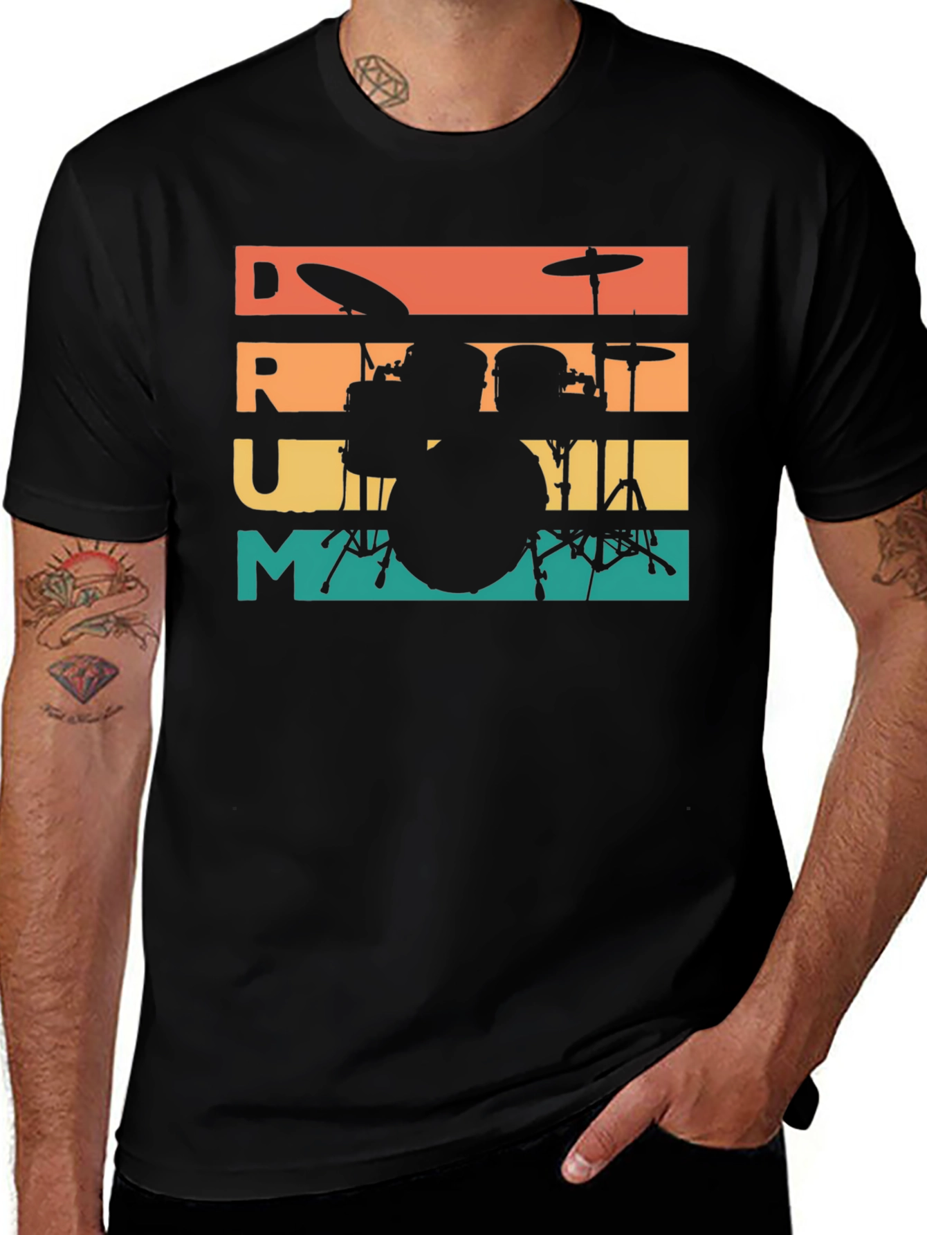 Retro Drummer Tee - Music Lovers Black T-Shirt
