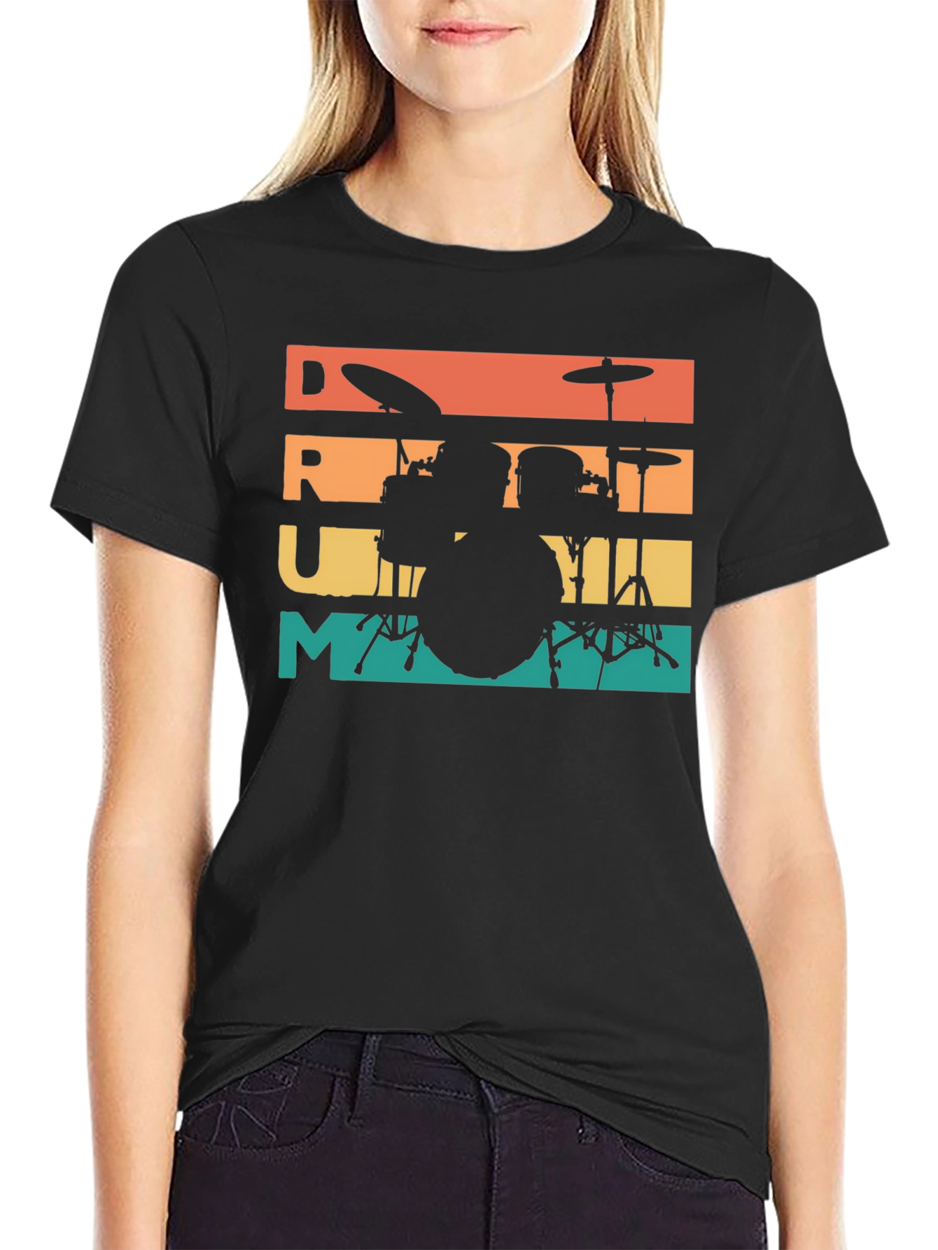 Retro Drummer Tee - Music Lovers Black T-Shirt