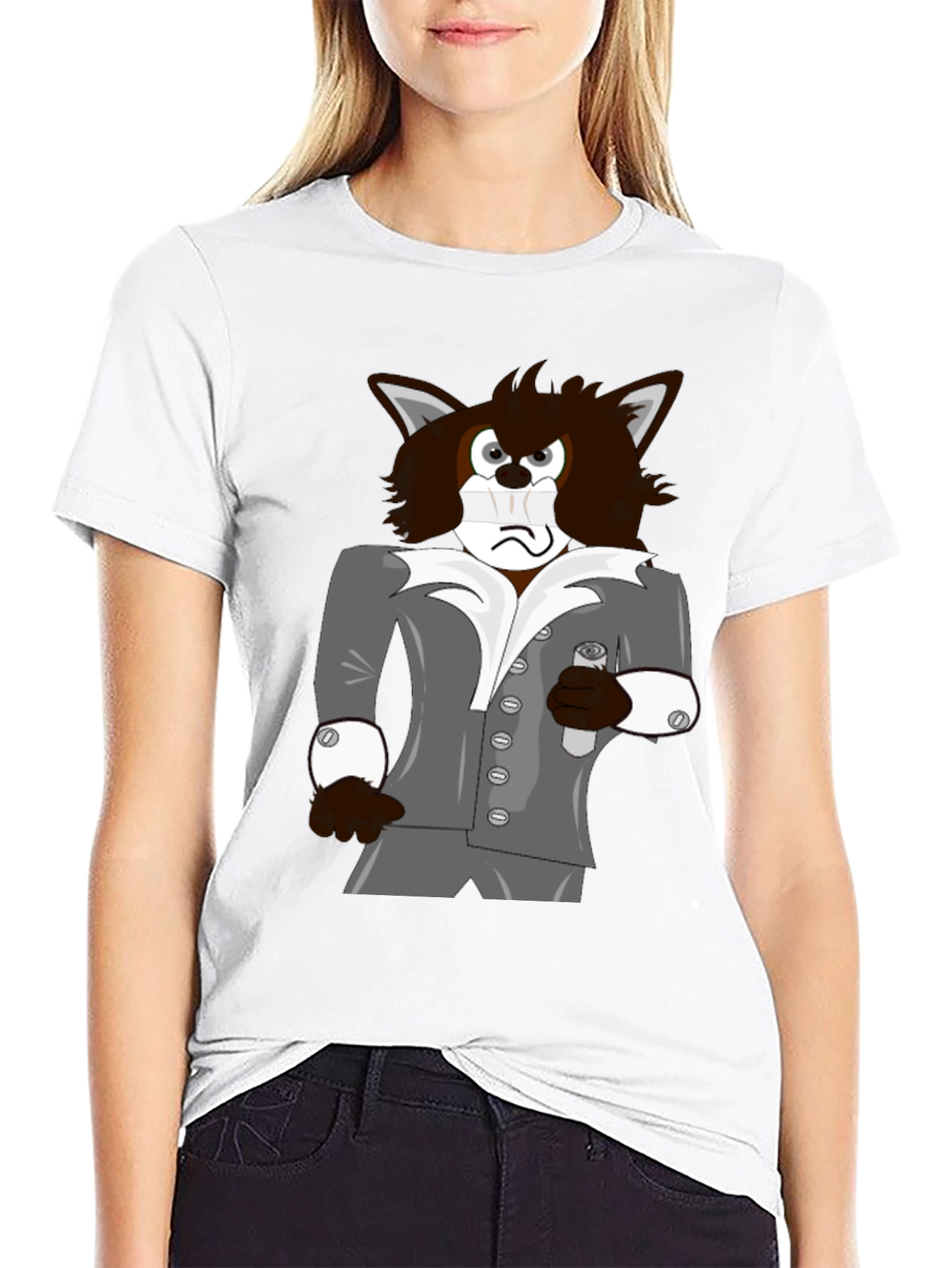 Cartoon Wolf in Suit Graphic Tee - Black