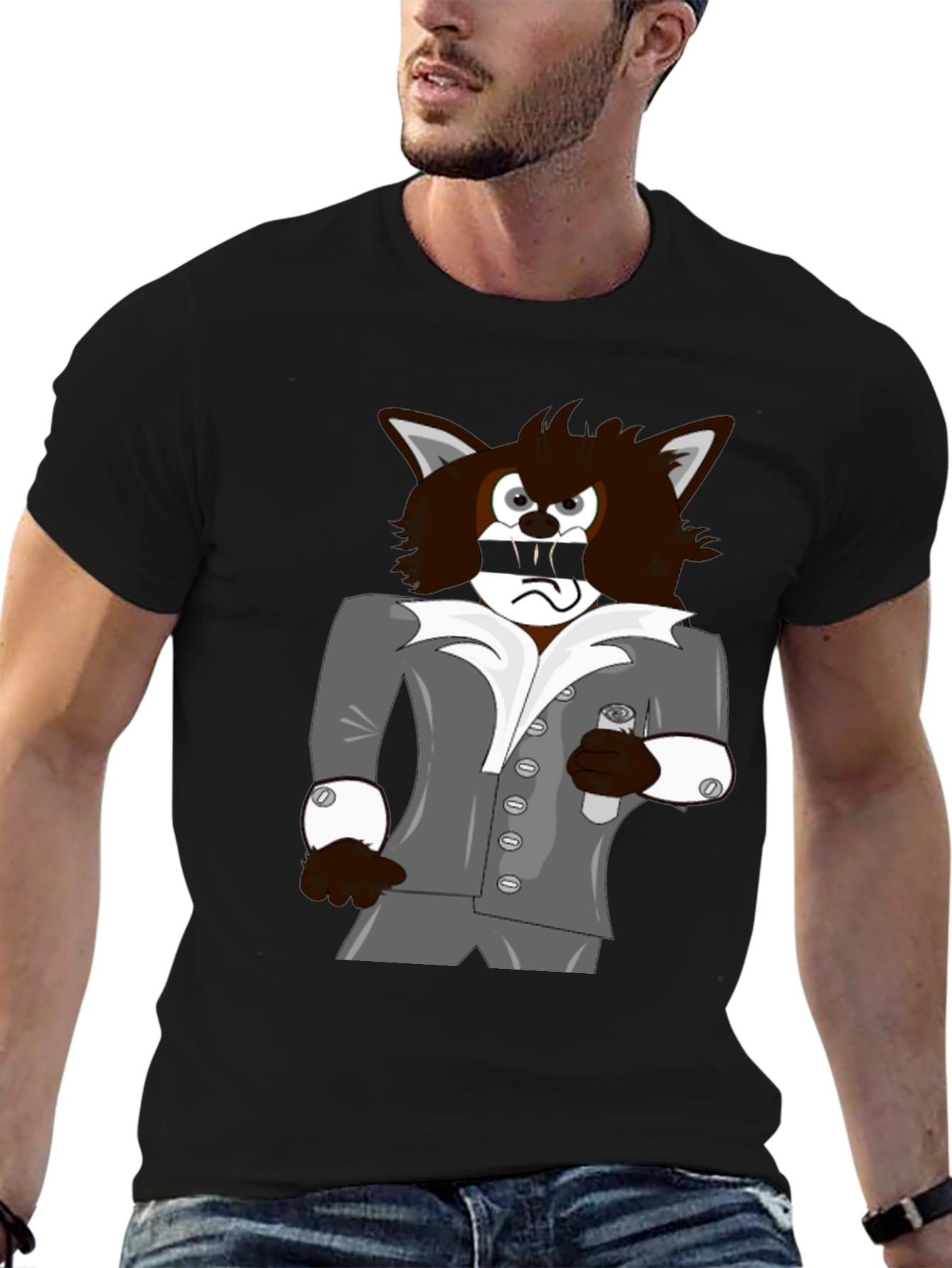 Cartoon Wolf in Suit Graphic Tee - Black