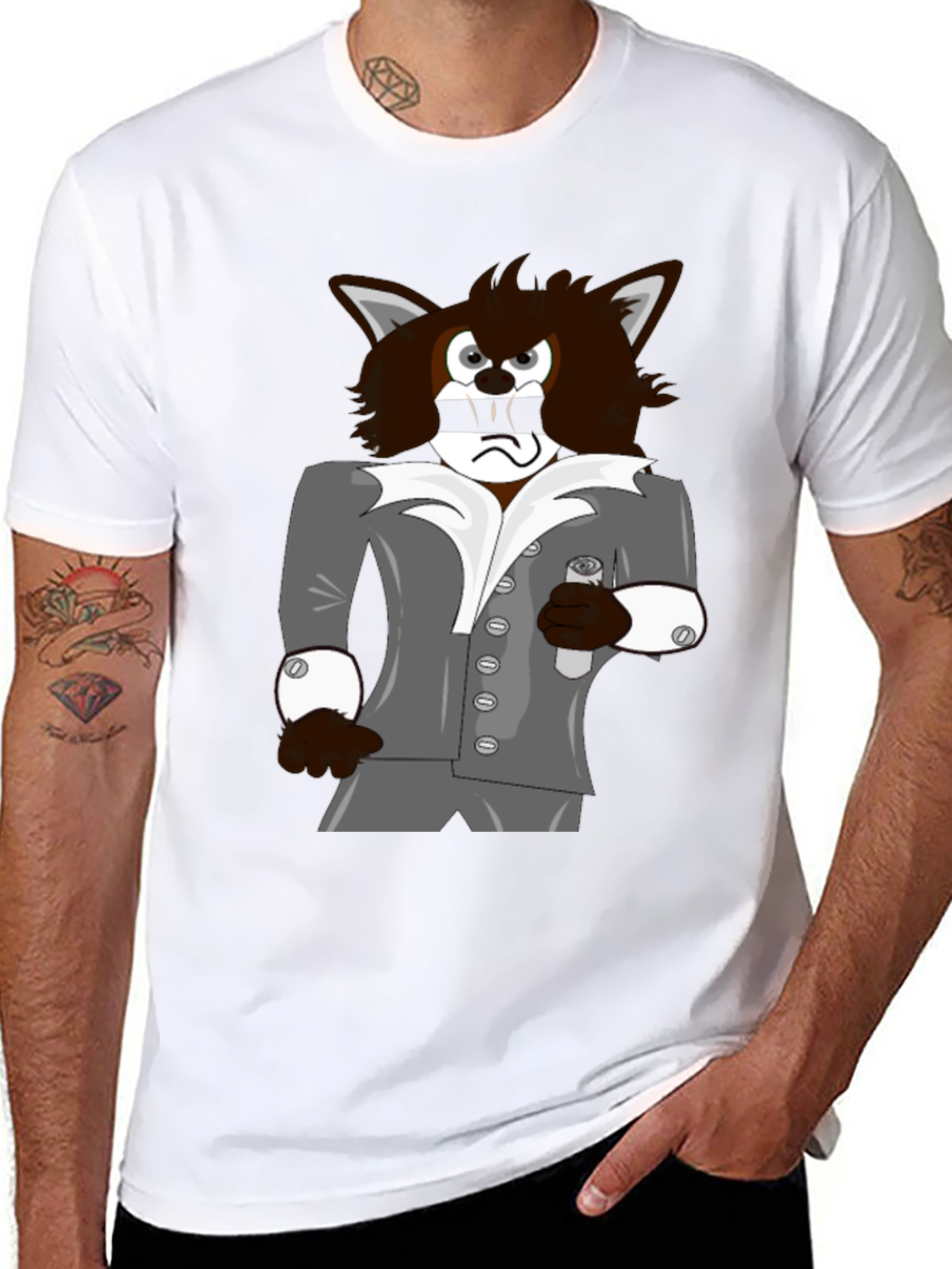 Cartoon Wolf in Suit Graphic Tee - Black
