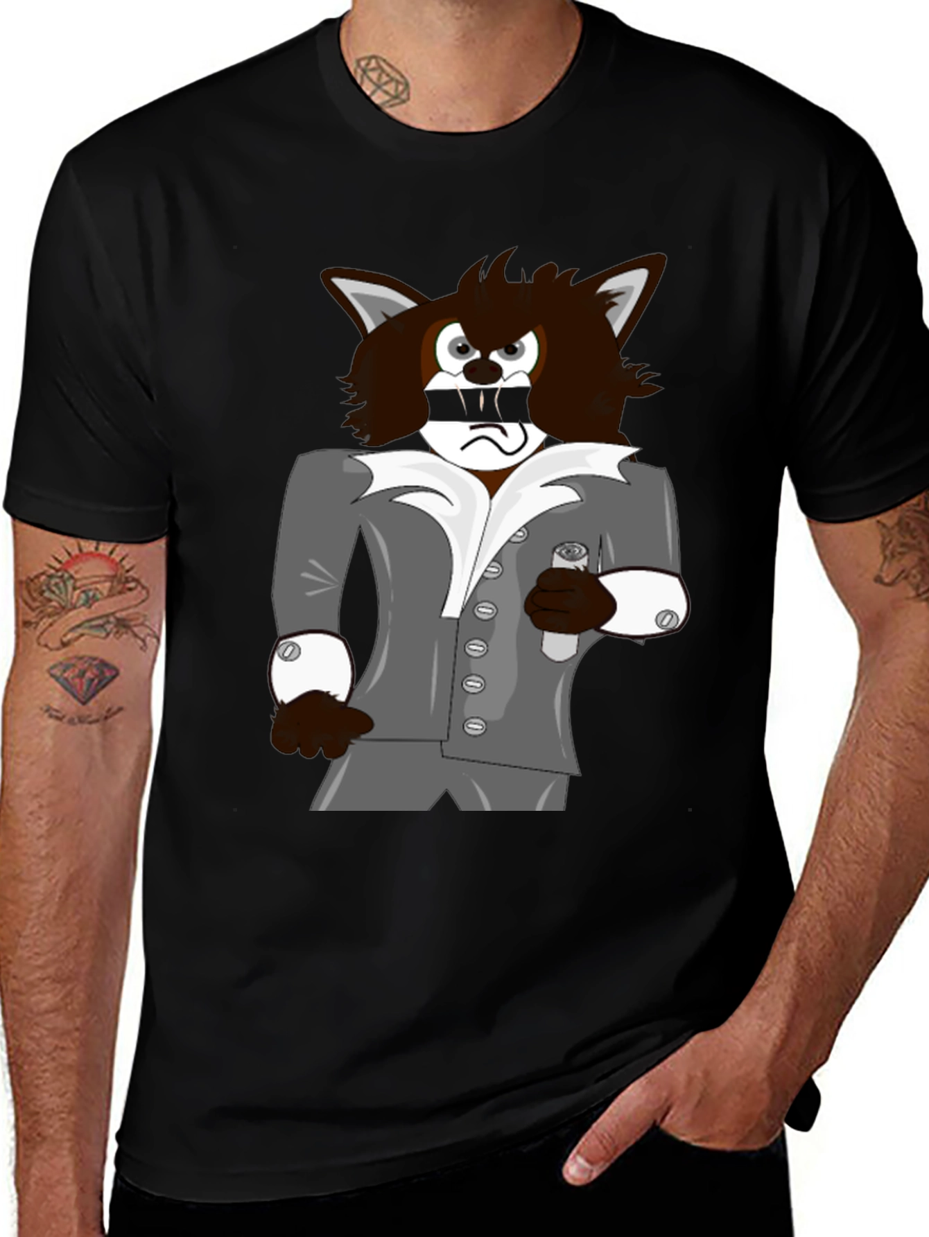 Cartoon Wolf in Suit Graphic Tee - Black