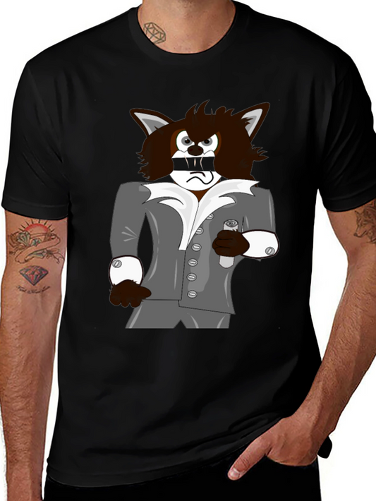 Cartoon Wolf in Suit Graphic Tee - Black
