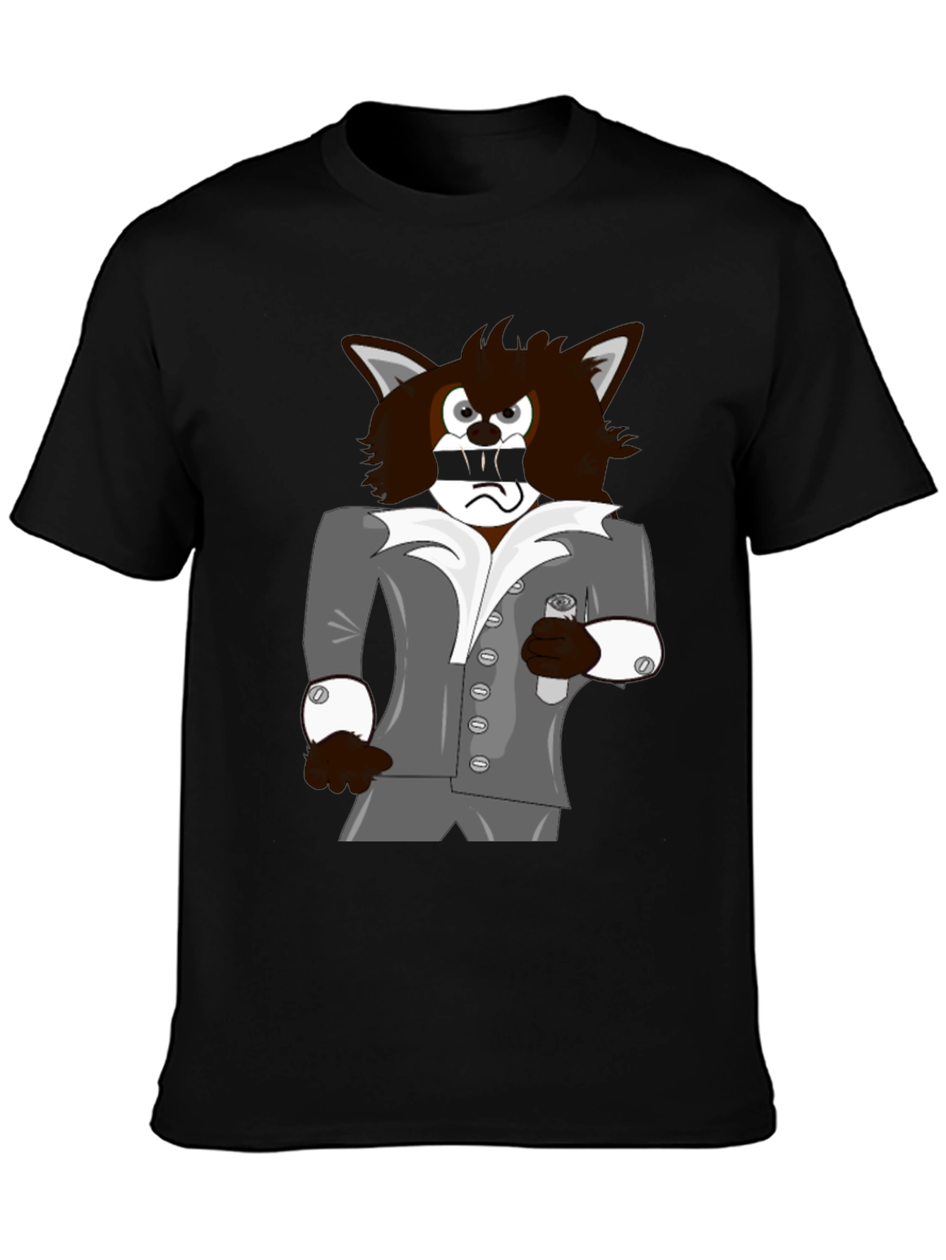 Cartoon Wolf in Suit Graphic Tee - Black