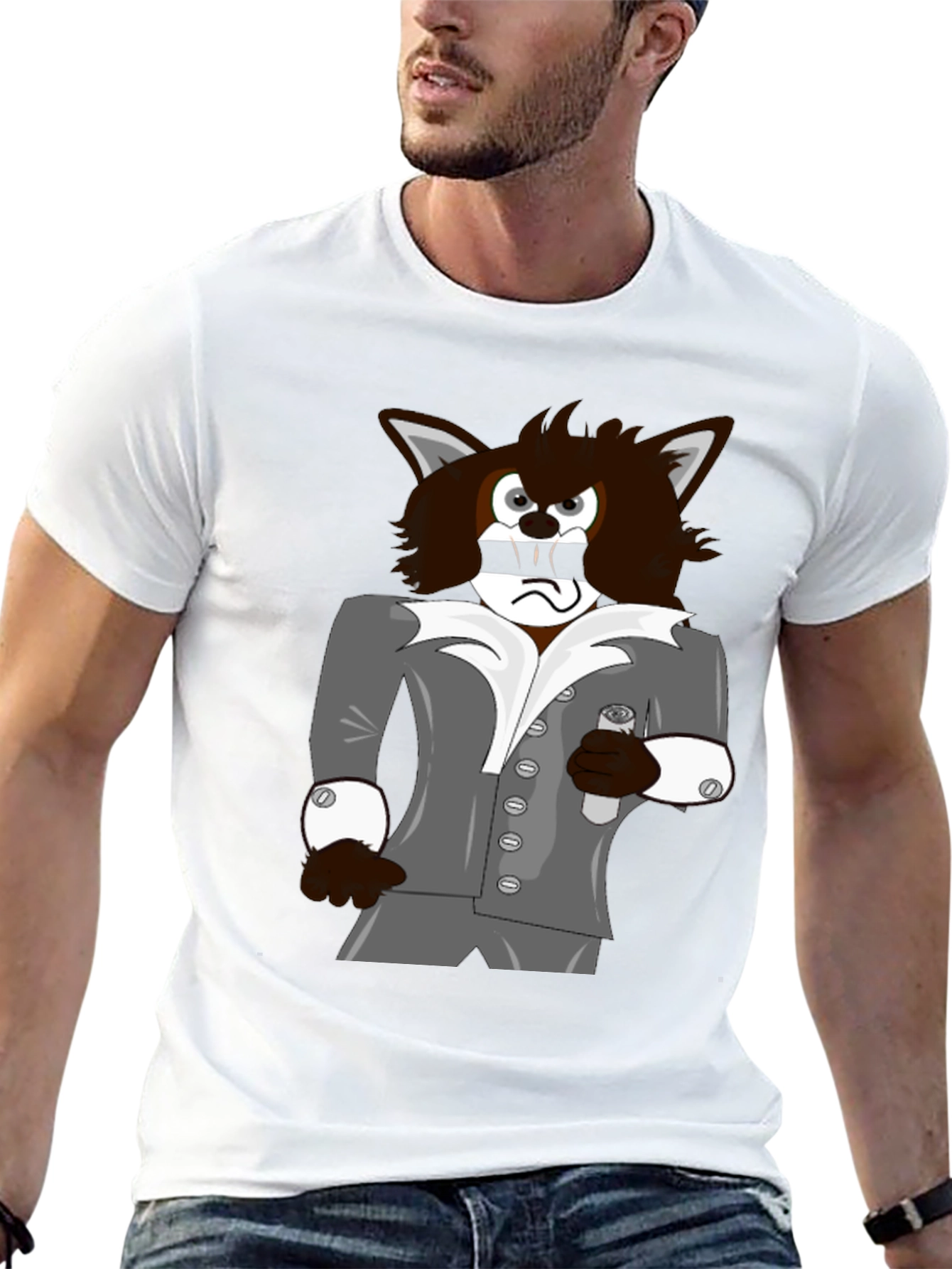 Cartoon Wolf in Suit Graphic Tee - Black