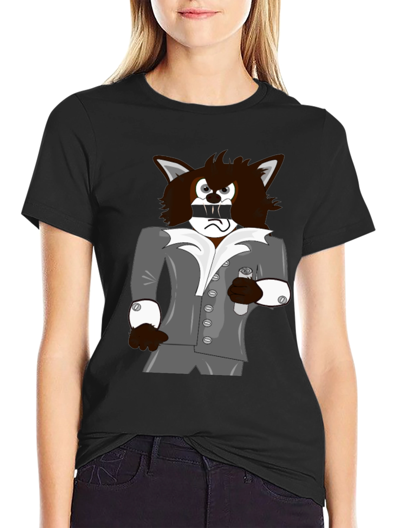 Cartoon Wolf in Suit Graphic Tee - Black