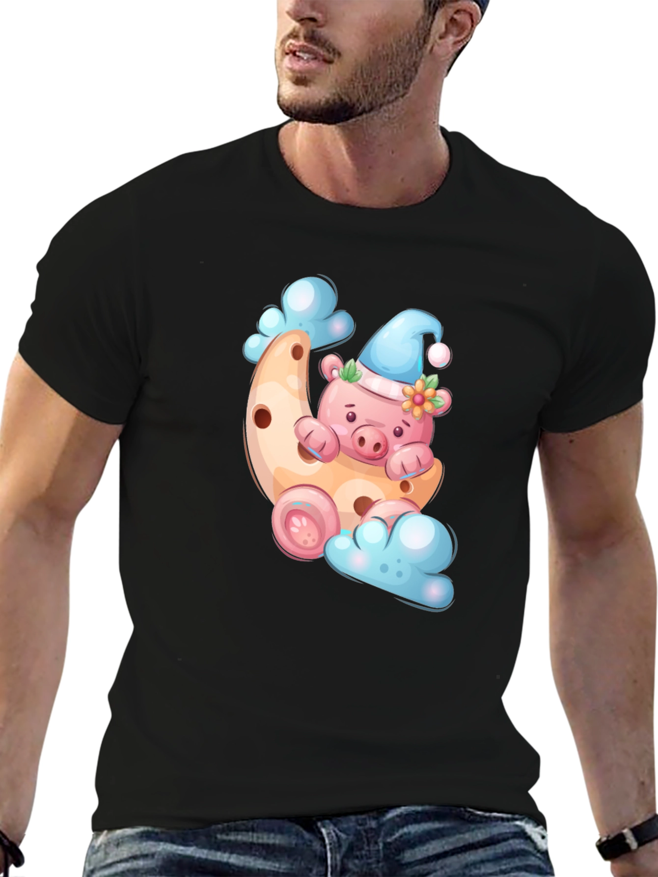 Cute Pig on Moon T-Shirt - Black