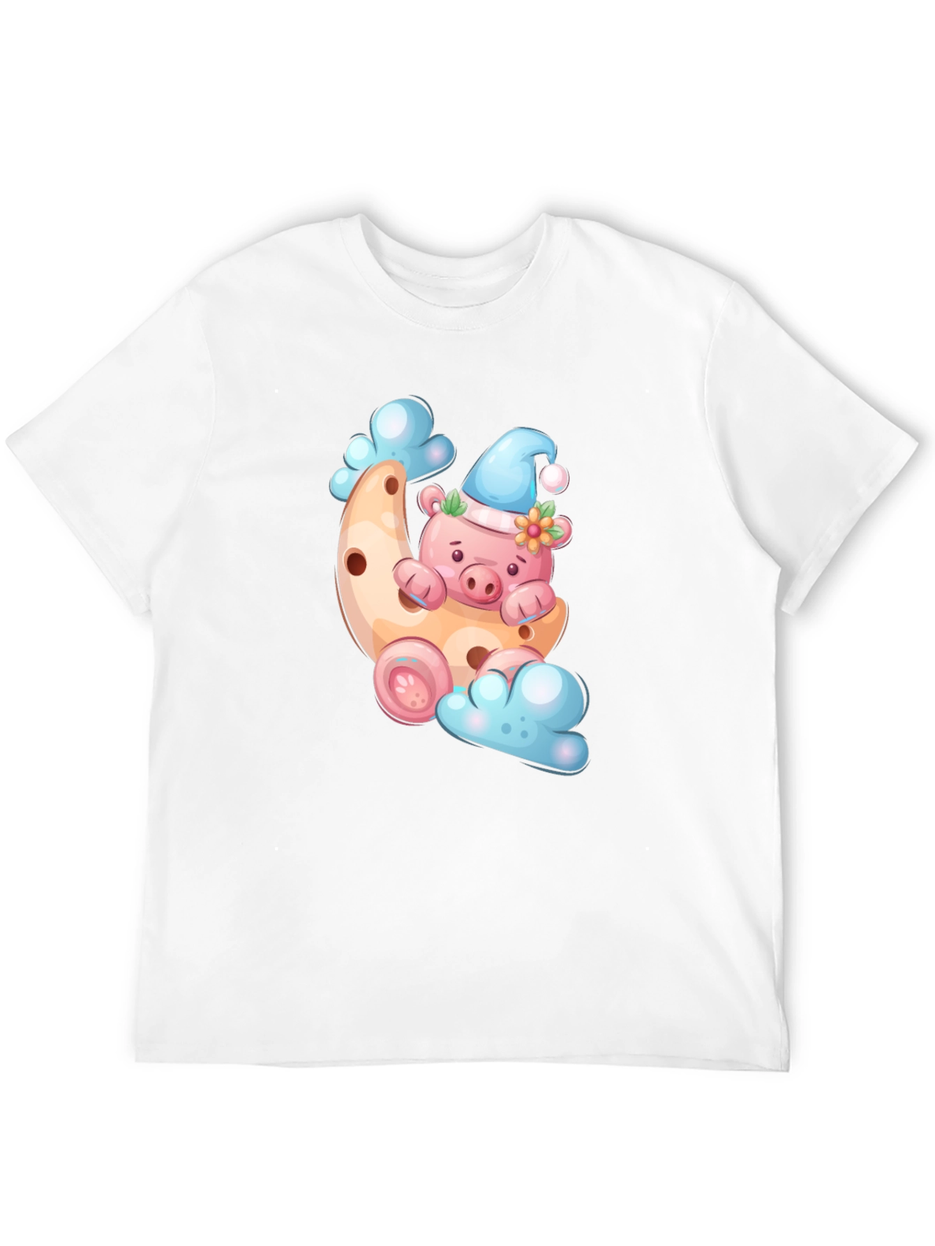 Cute Pig on Moon T-Shirt - Black