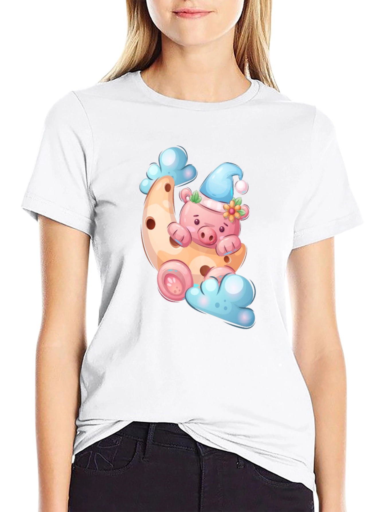 Cute Pig on Moon T-Shirt - Black