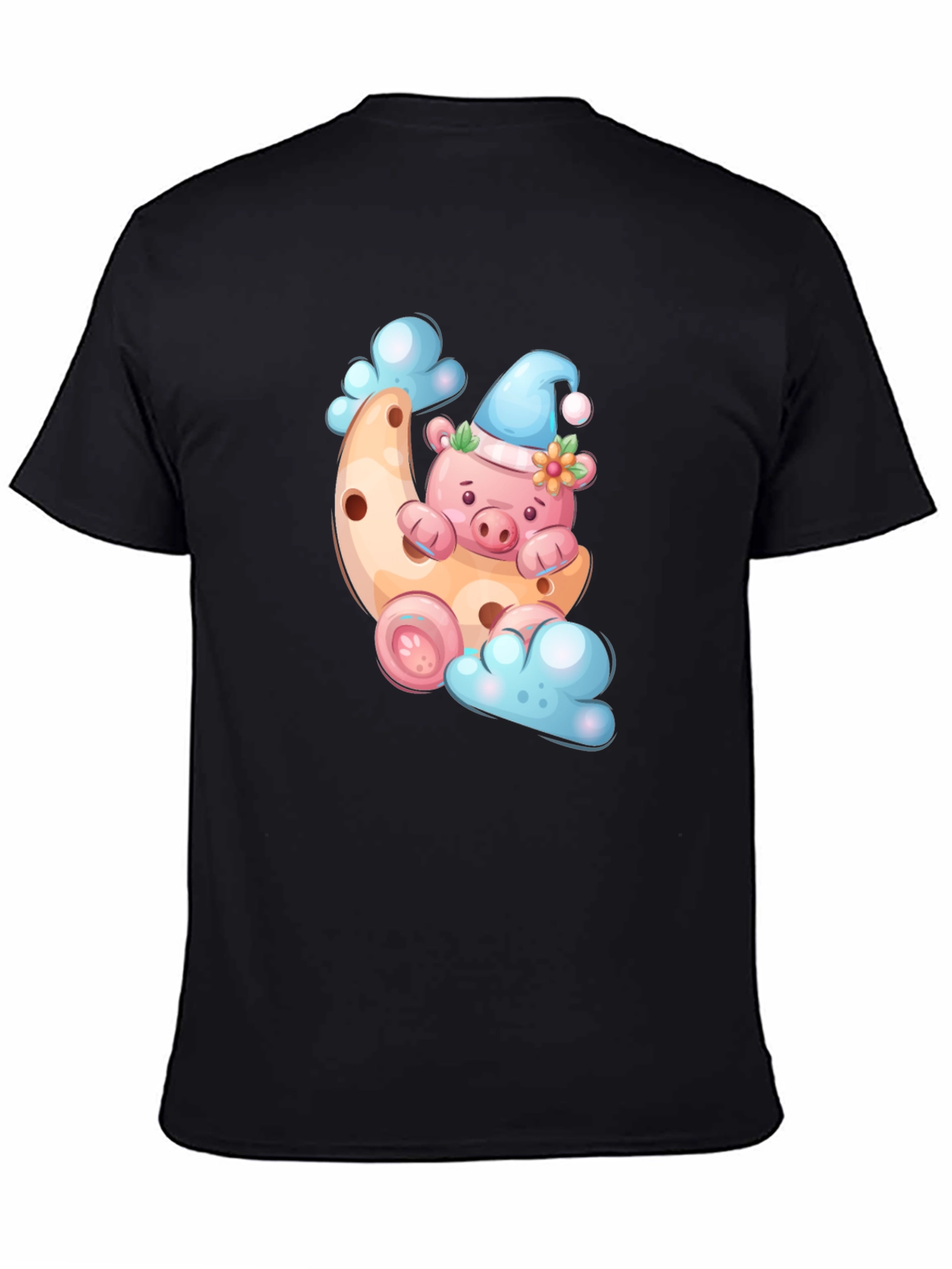 Cute Pig on Moon T-Shirt - Black