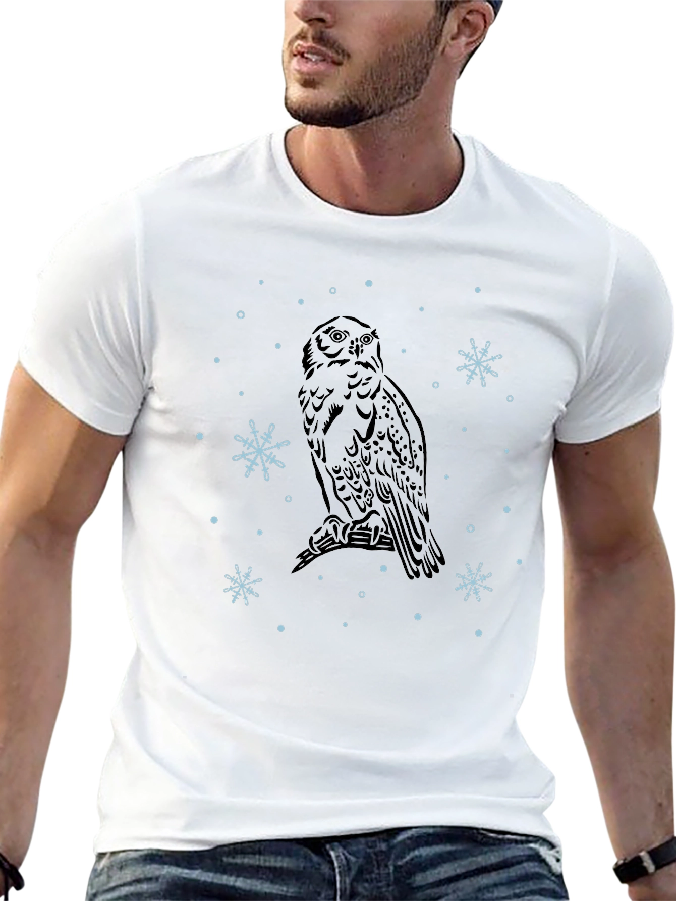 Owl and Snowflake Graphic Tee - Black Cotton Blend