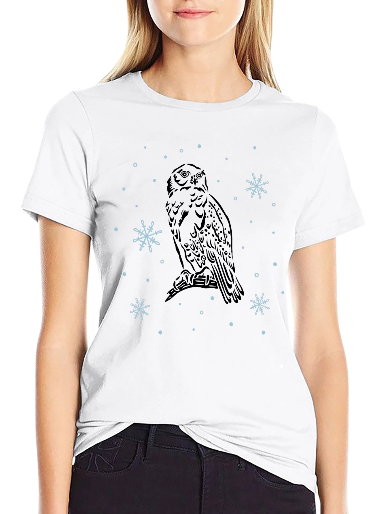 Owl and Snowflake Graphic Tee - Black Cotton Blend