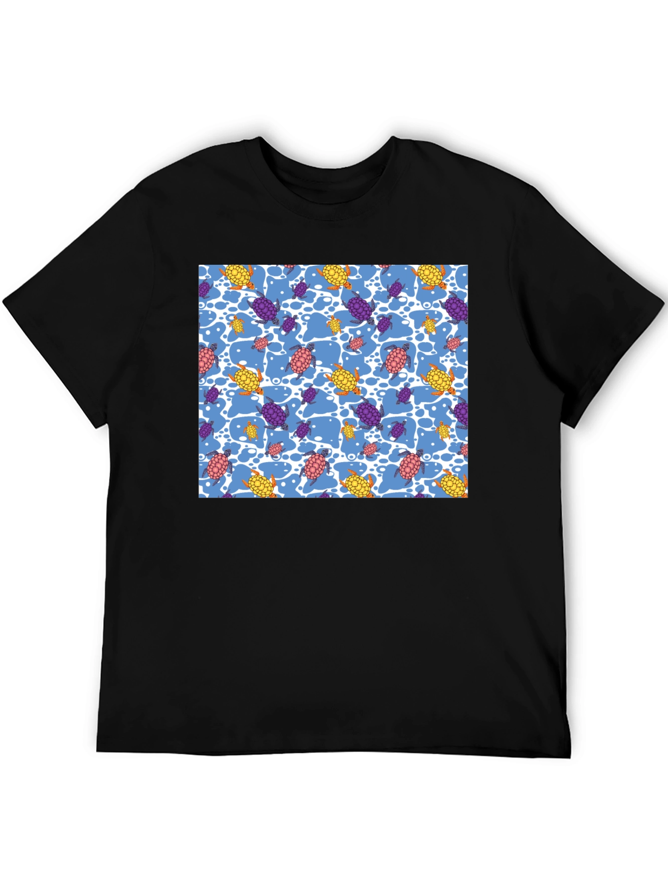 Turtle Pattern Tee - Black Crew Neck Casual Shirt
