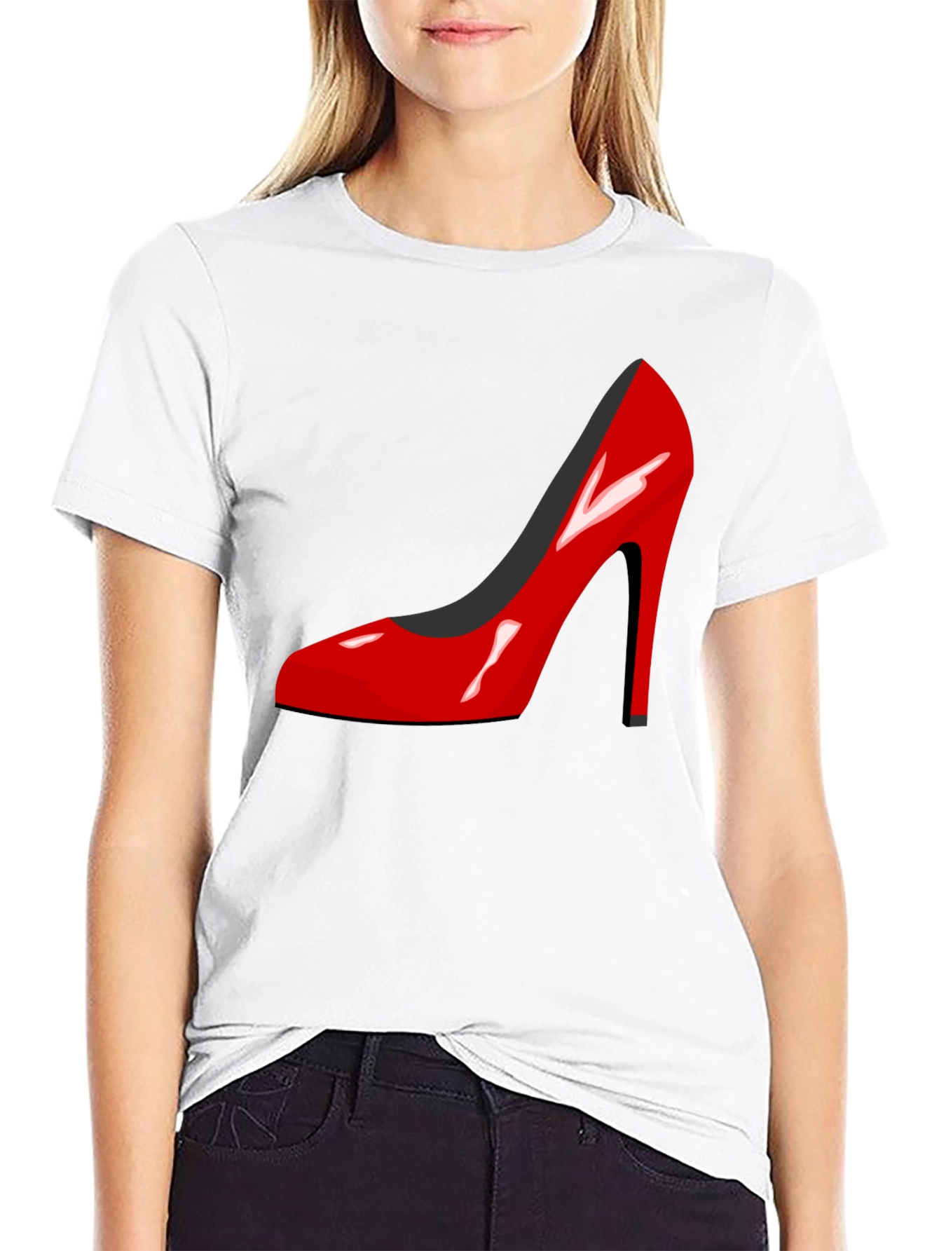 Red High Heel Shoe Graphic Black T-Shirt