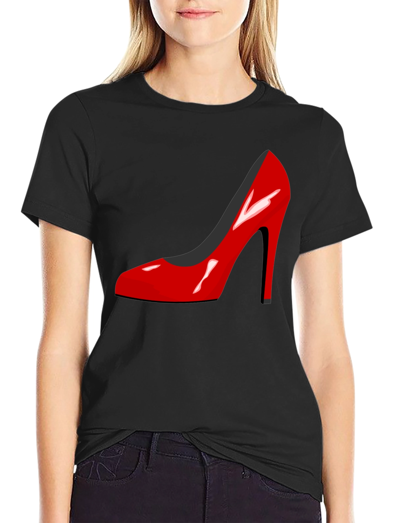 Red High Heel Shoe Graphic Black T-Shirt