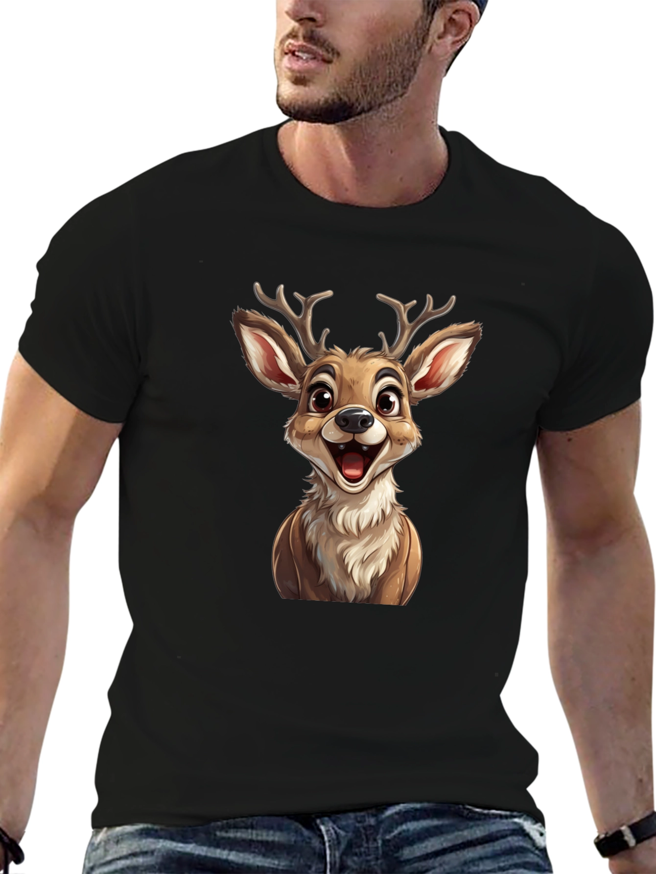 Cute Cartoon Deer Graphic T-Shirt - Black