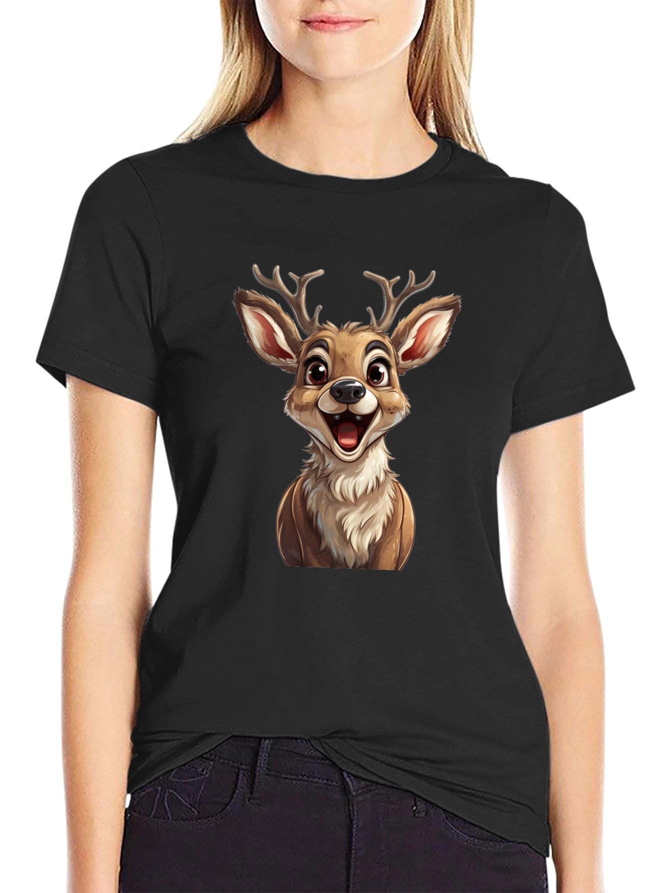 Cute Cartoon Deer Graphic T-Shirt - Black