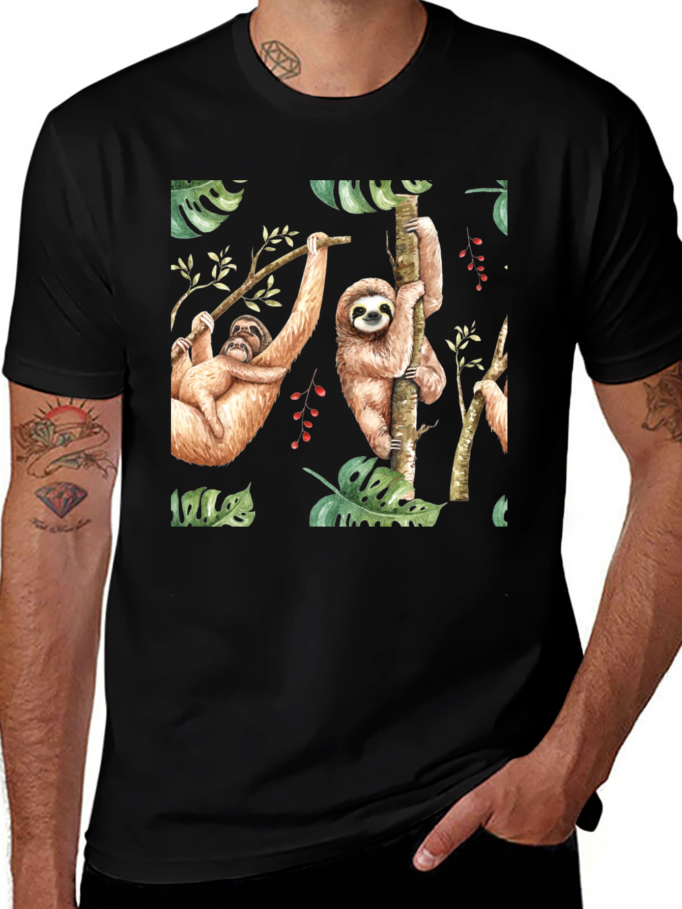 Cute Sloth Print Black T-Shirt