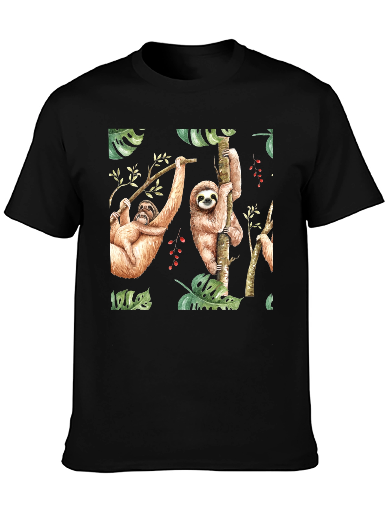Cute Sloth Print Black T-Shirt