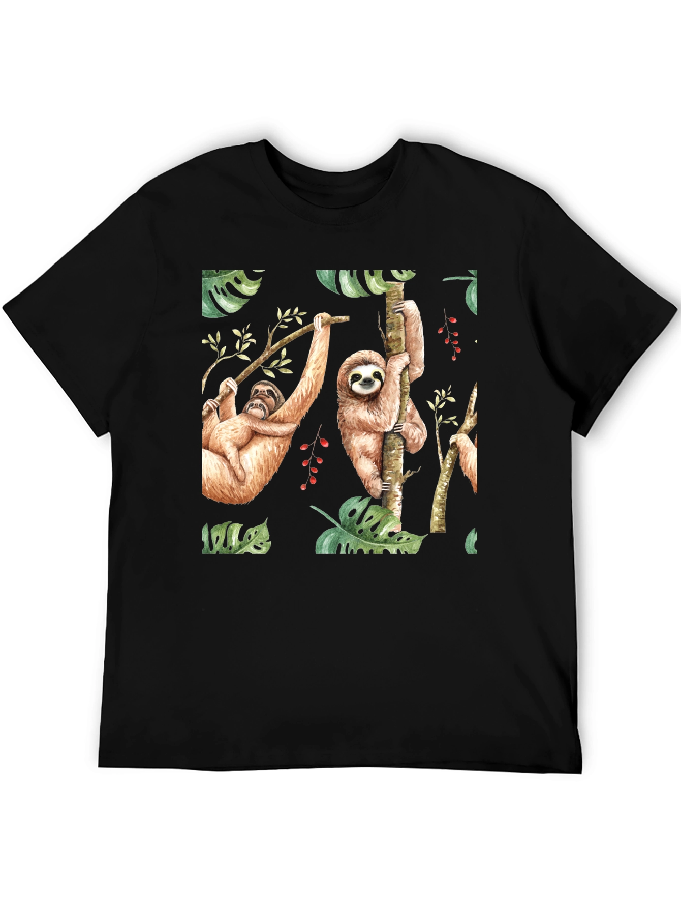 Cute Sloth Print Black T-Shirt