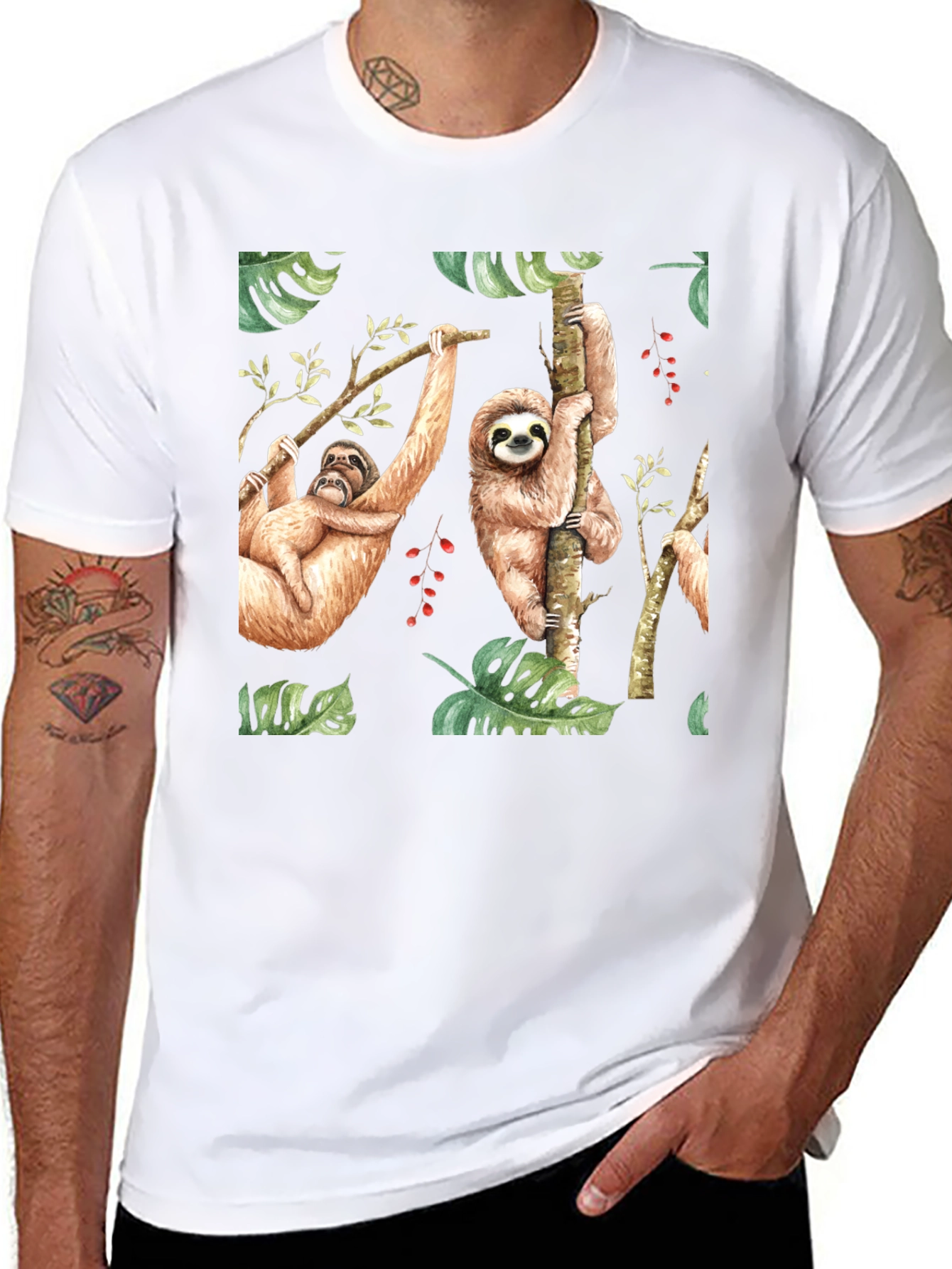 Cute Sloth Print Black T-Shirt